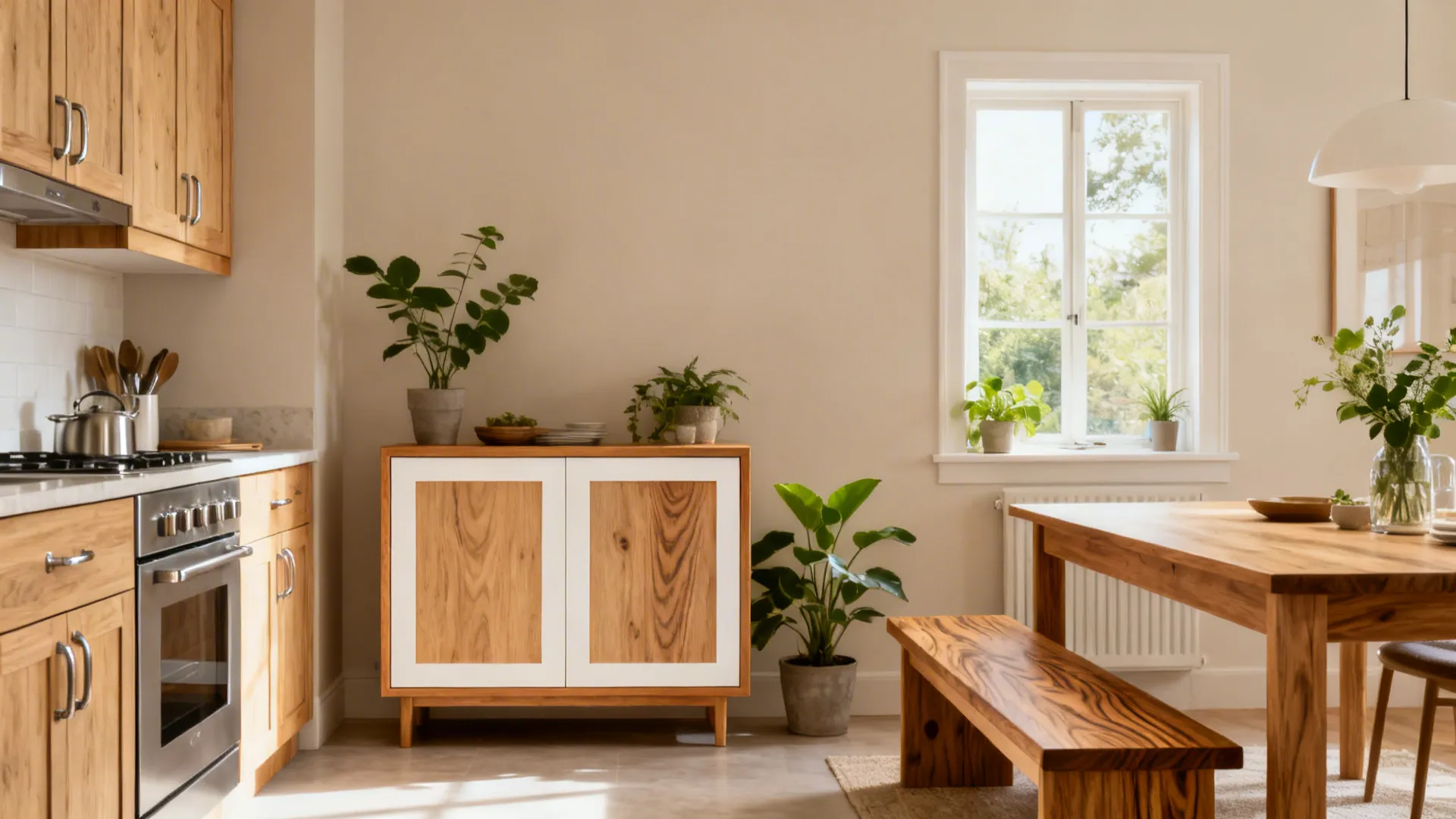 Small kitchen with light oak fronts and a matching wood-framed sideboard in the adjacent dining room.