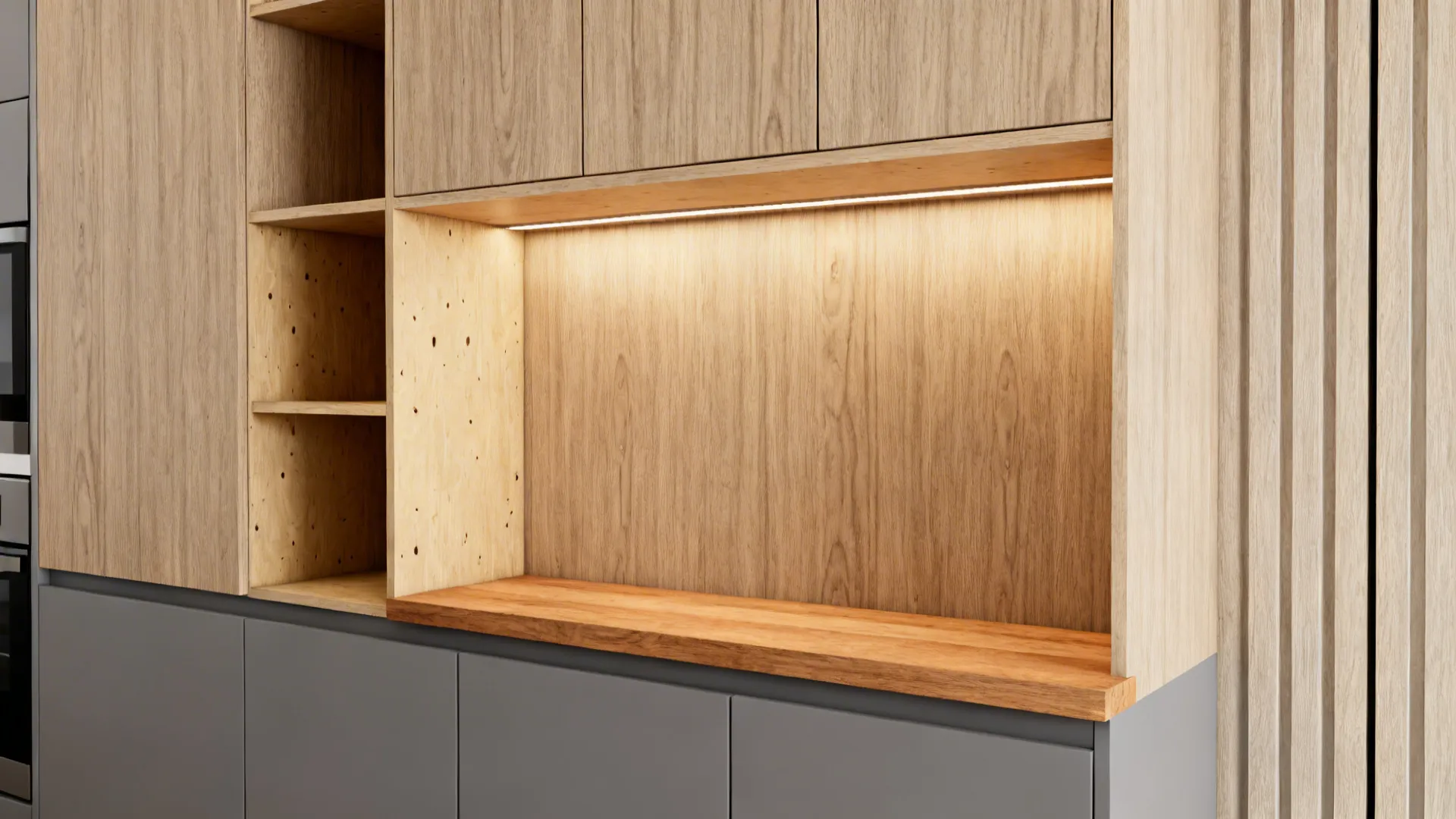 HDB kitchen with vertical wood-look laminate doors and a small real-wood breakfast ledge.