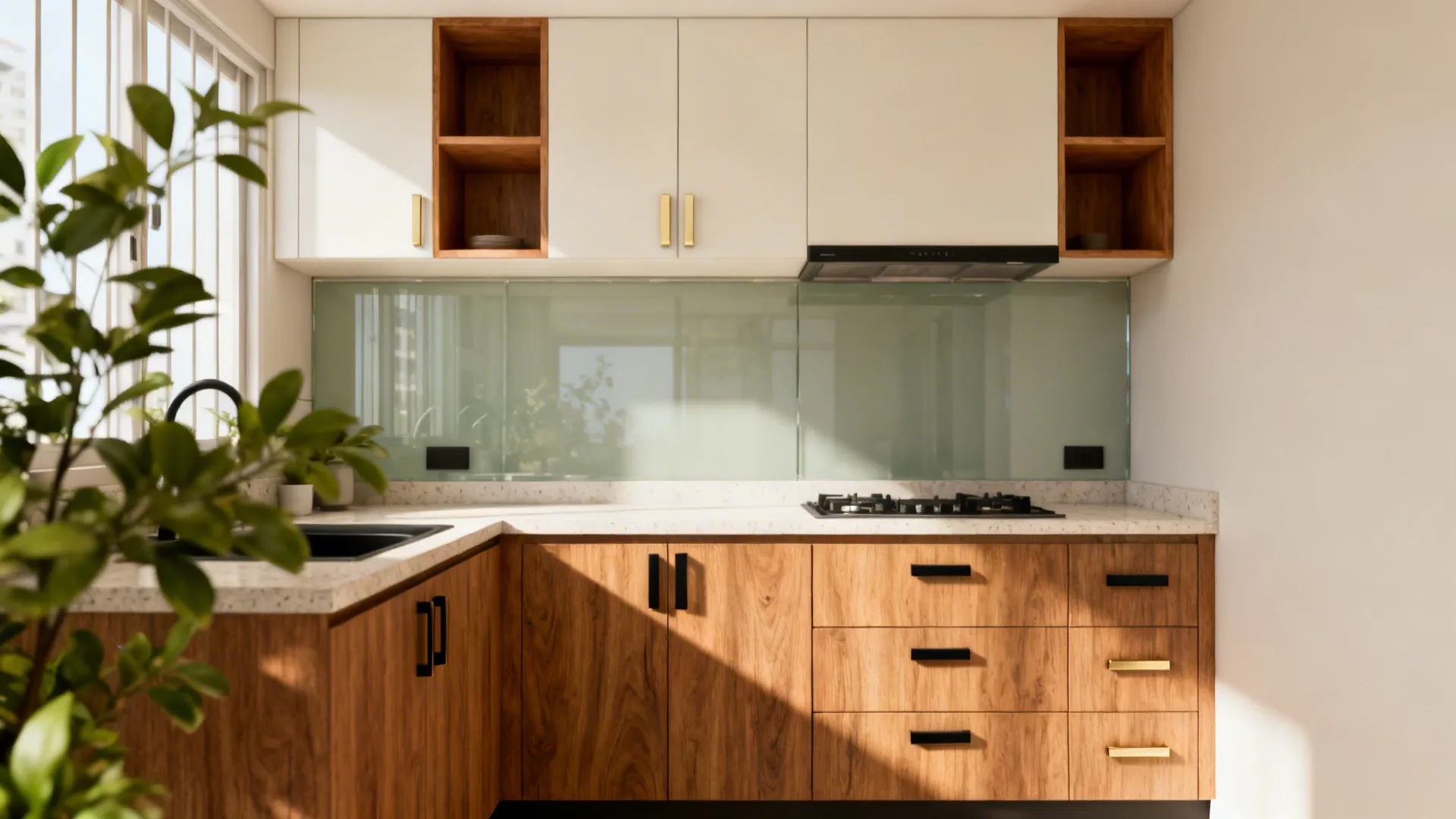 Oak-look base cabinets with off-white uppers and select real-wood shelves for warmth.
