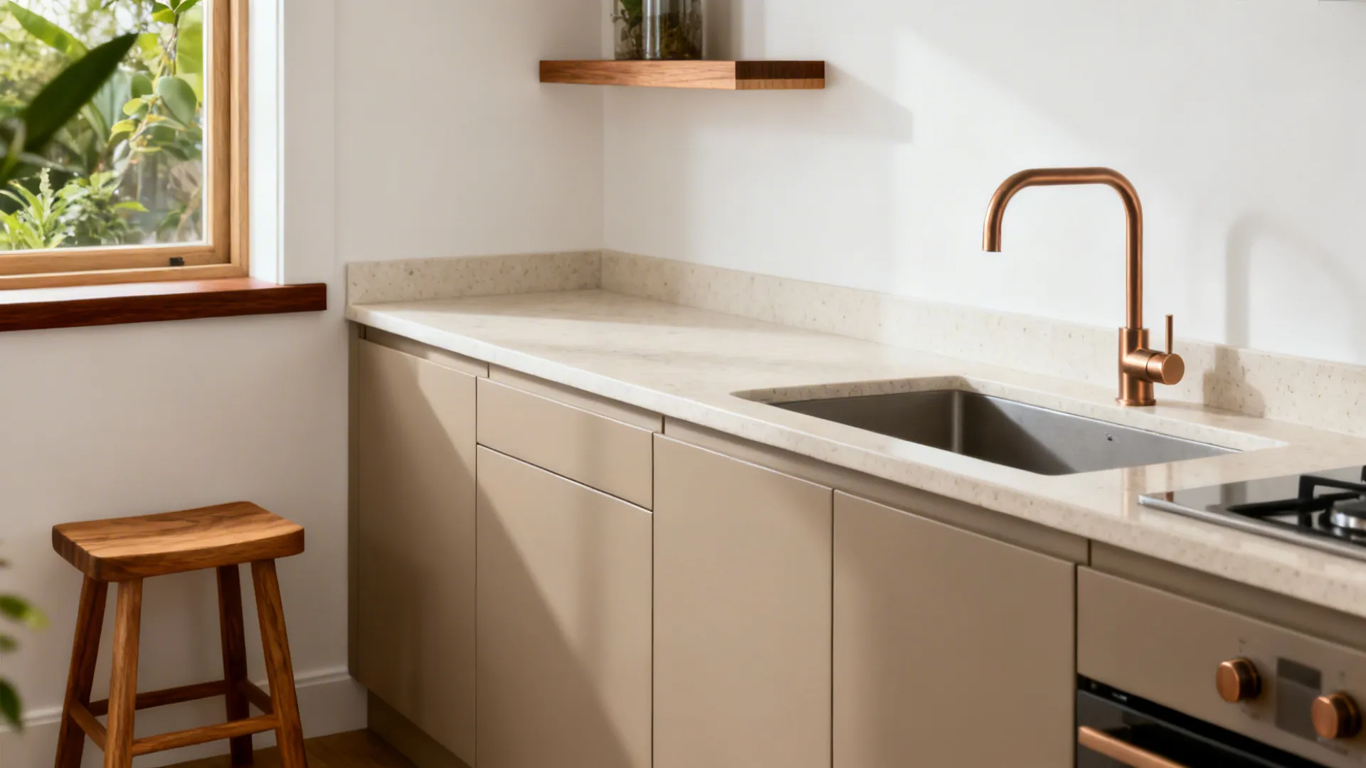 Modern kitchen corner with beige cabinets white countertop copper faucet wooden stool and bright window