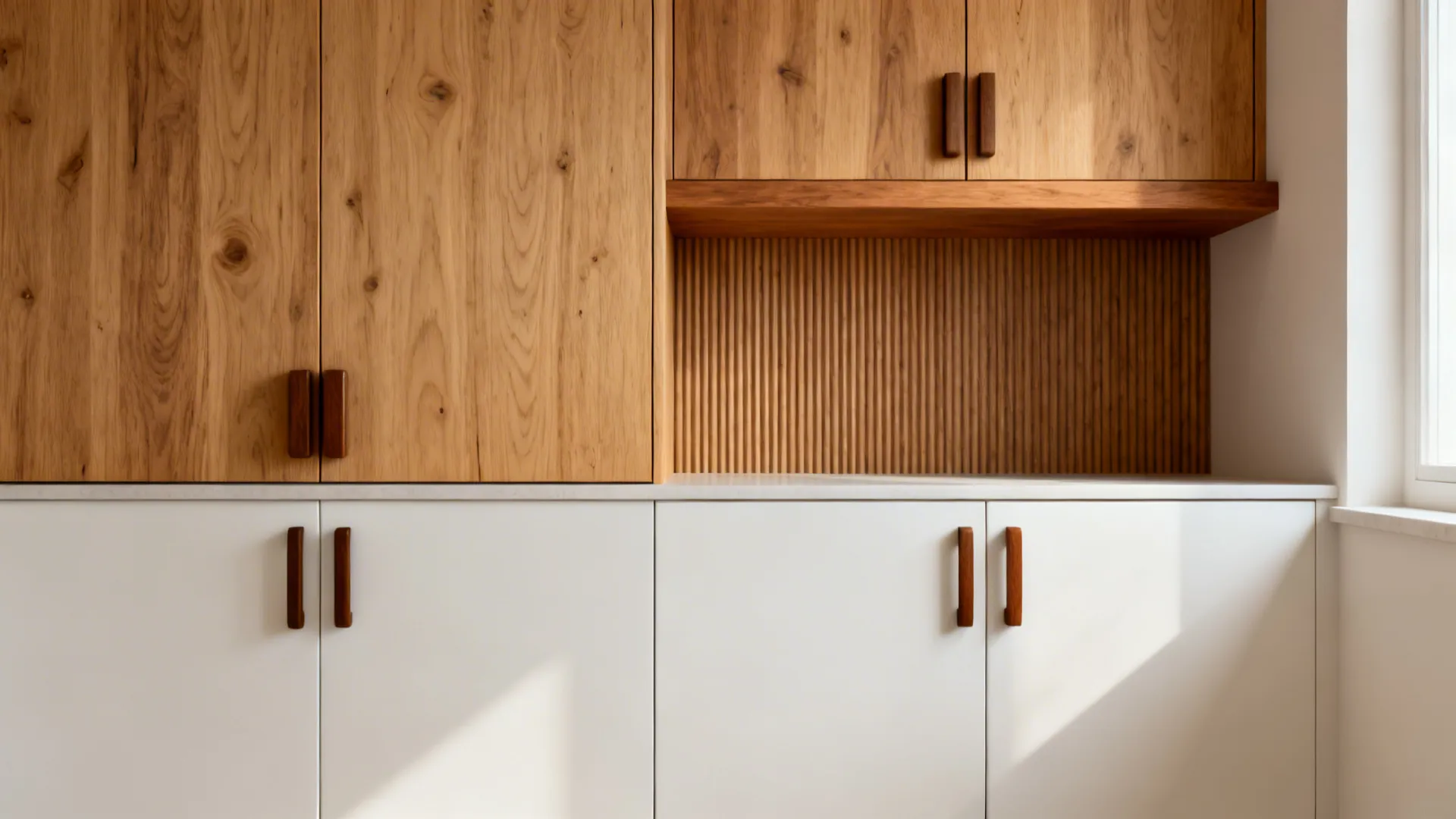 Small kitchen with matte white bases, birch upper doors, oak shelf, and walnut pulls for warmth.