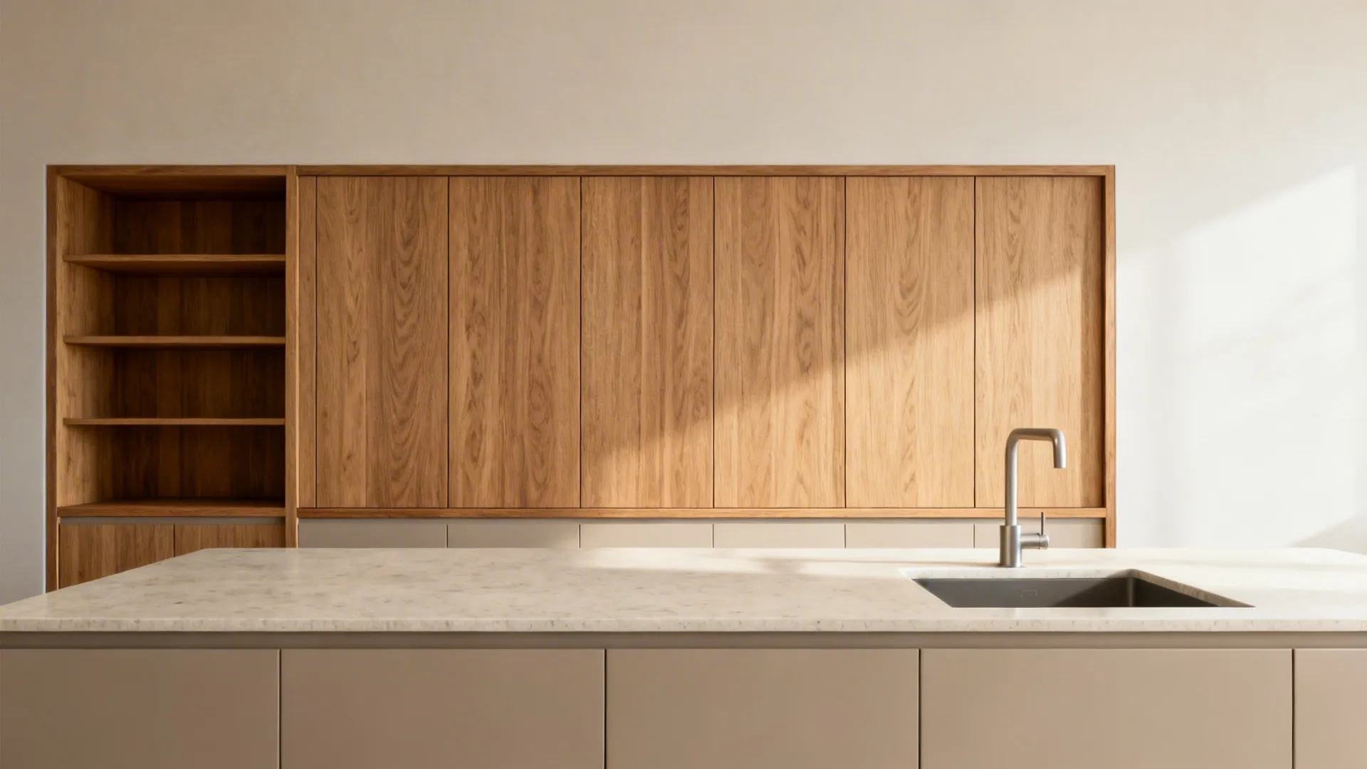 Kitchen with rift oak accents and light quartz surfaces in a restrained, modern palette.