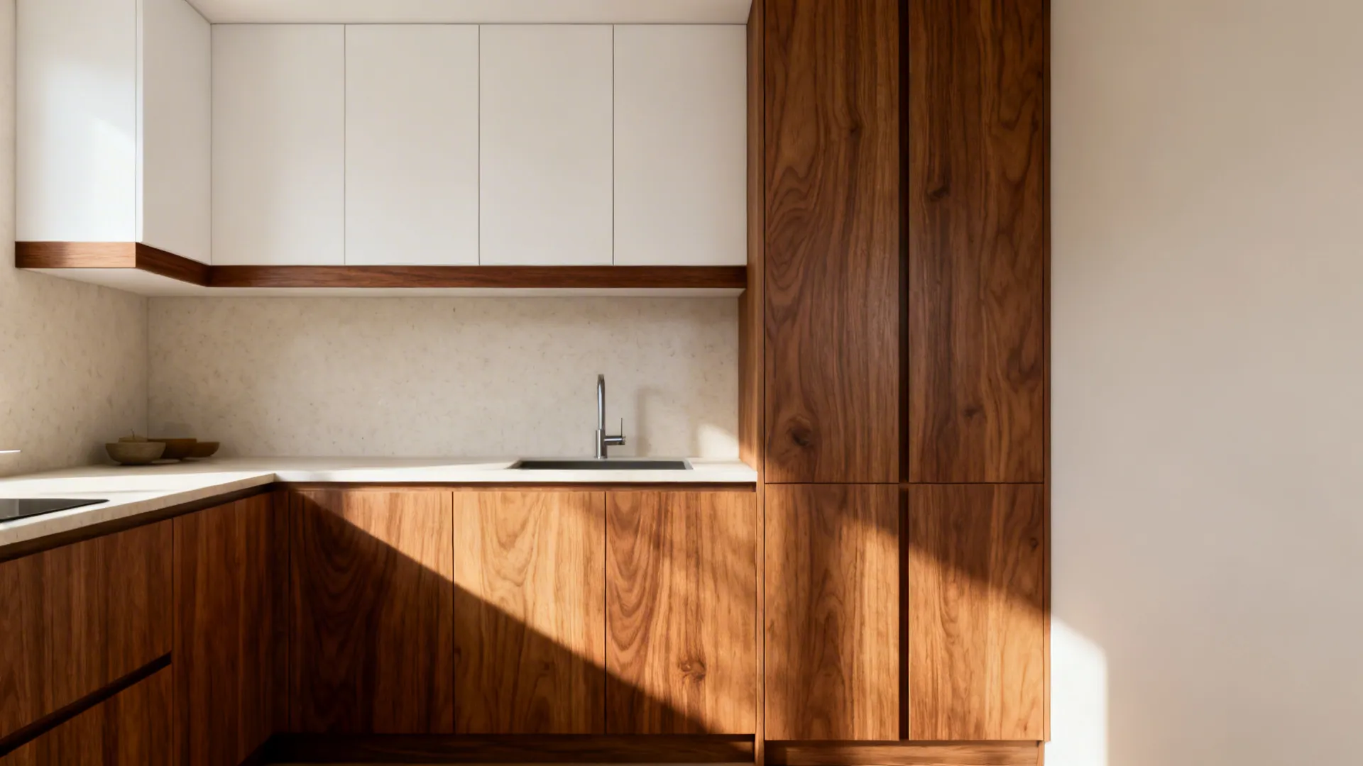 Modern kitchen with white upper cabinets and warm wood lower cabinets under bright natural sunlight