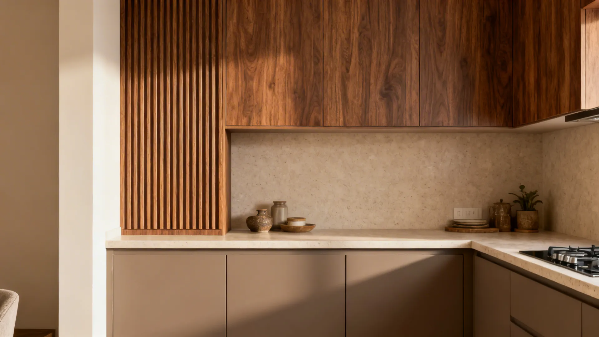Compact kitchen with walnut-textured upper cabinets and matte taupe base units in soft daylight.