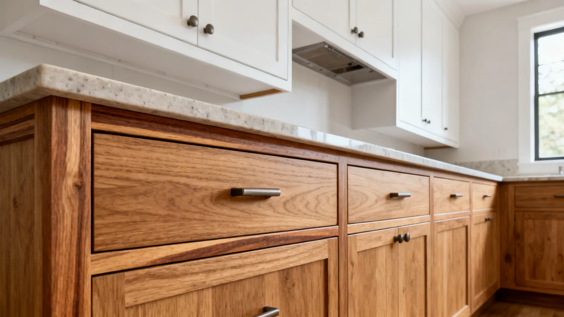 Modern kitchen with warm oak veneer accents and precise joinery details.