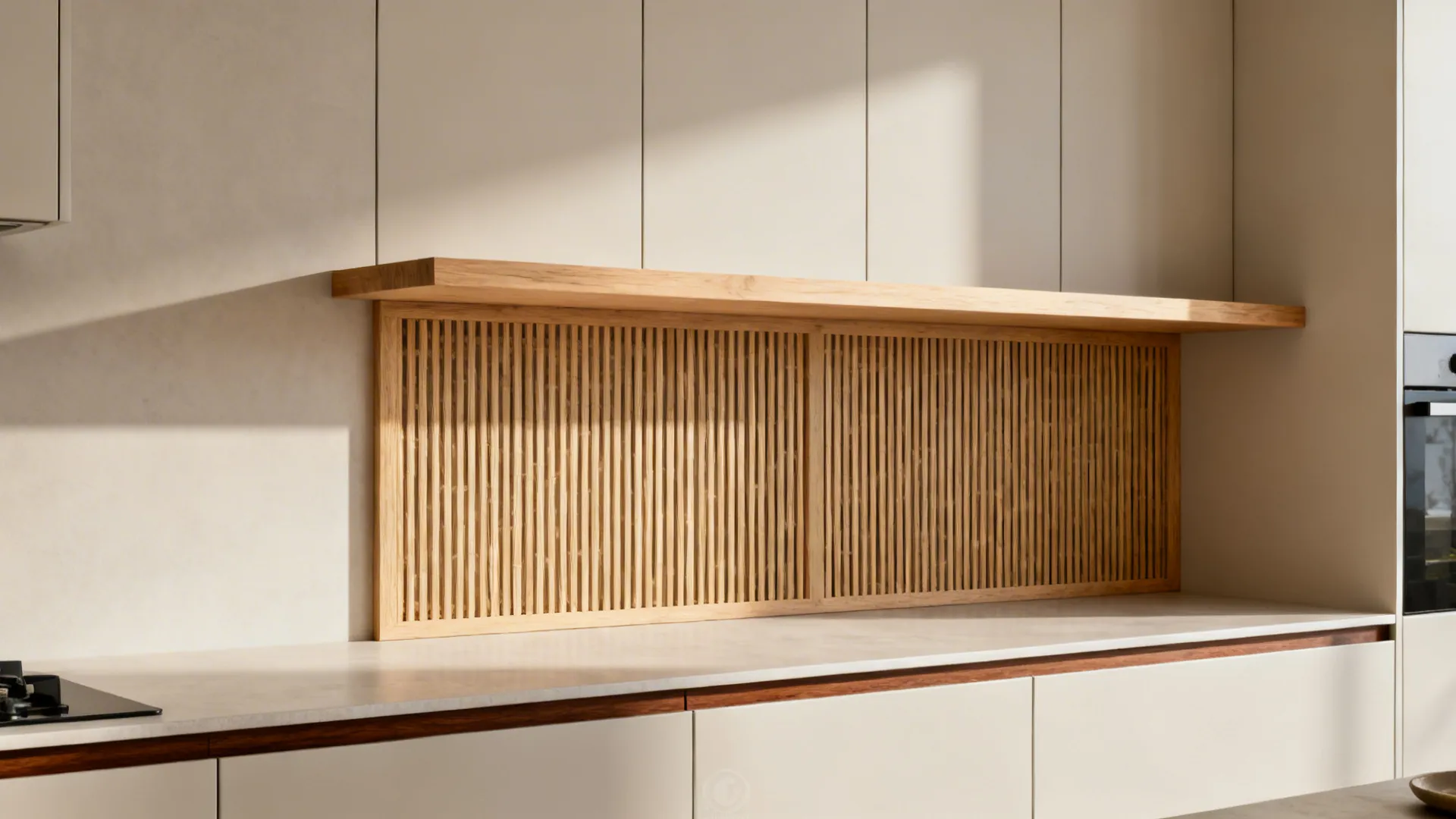Light matte cabinetry with slim walnut trims and a thin white oak shelf in a small kitchen.