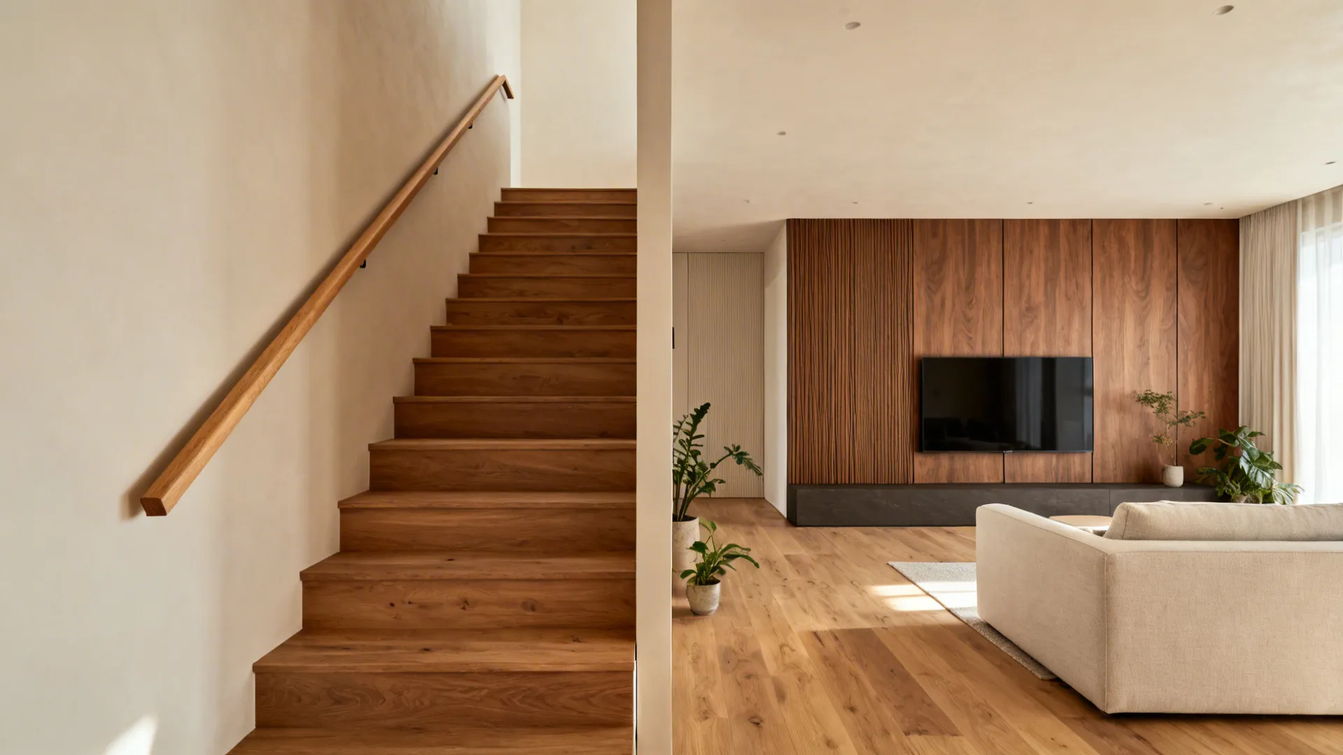 Scandinavian living room with oak stair treads and a walnut media wall softening the space