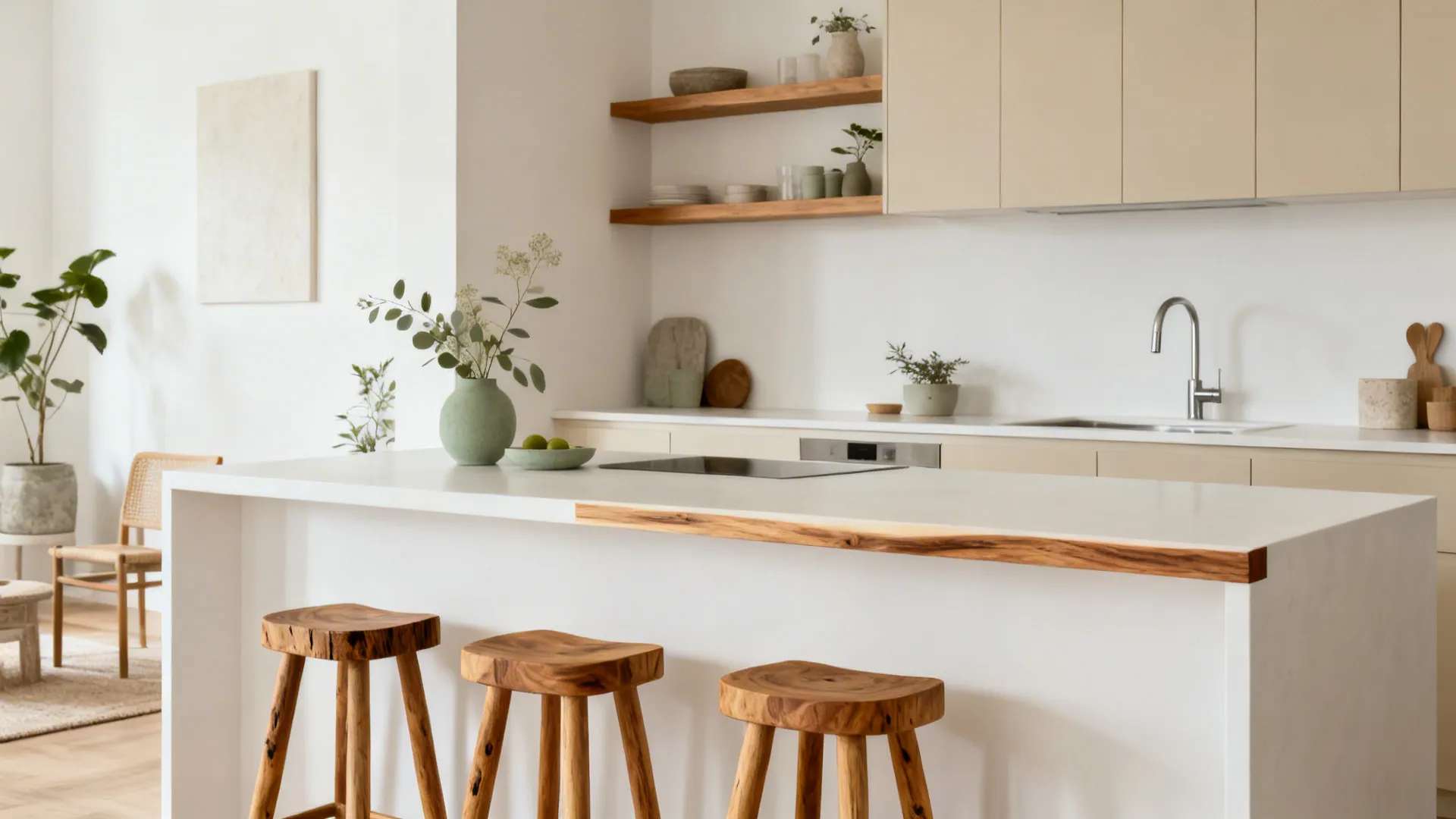 Studio kitchen with rift-cut oak stools, slim wood shelf, and subtle wood-edged counter adding warmth.