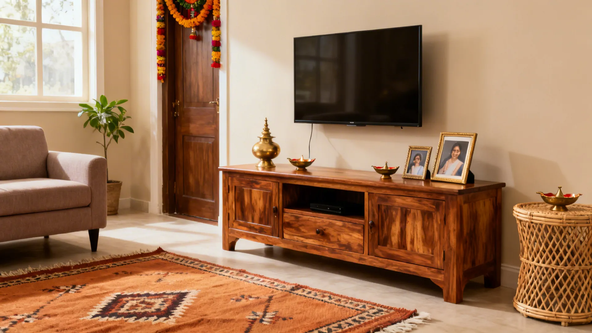 Warm teak console with brass accents, cane table, and cotton dhurrie in an Indian living room