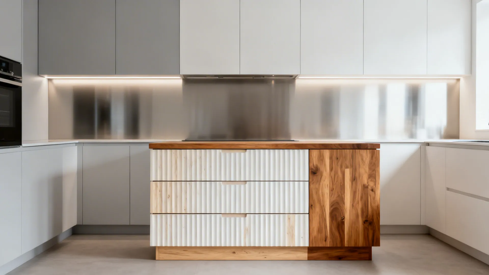 8x8 kitchen with light oak accents on one drawer bank and a small butcher-block insert
