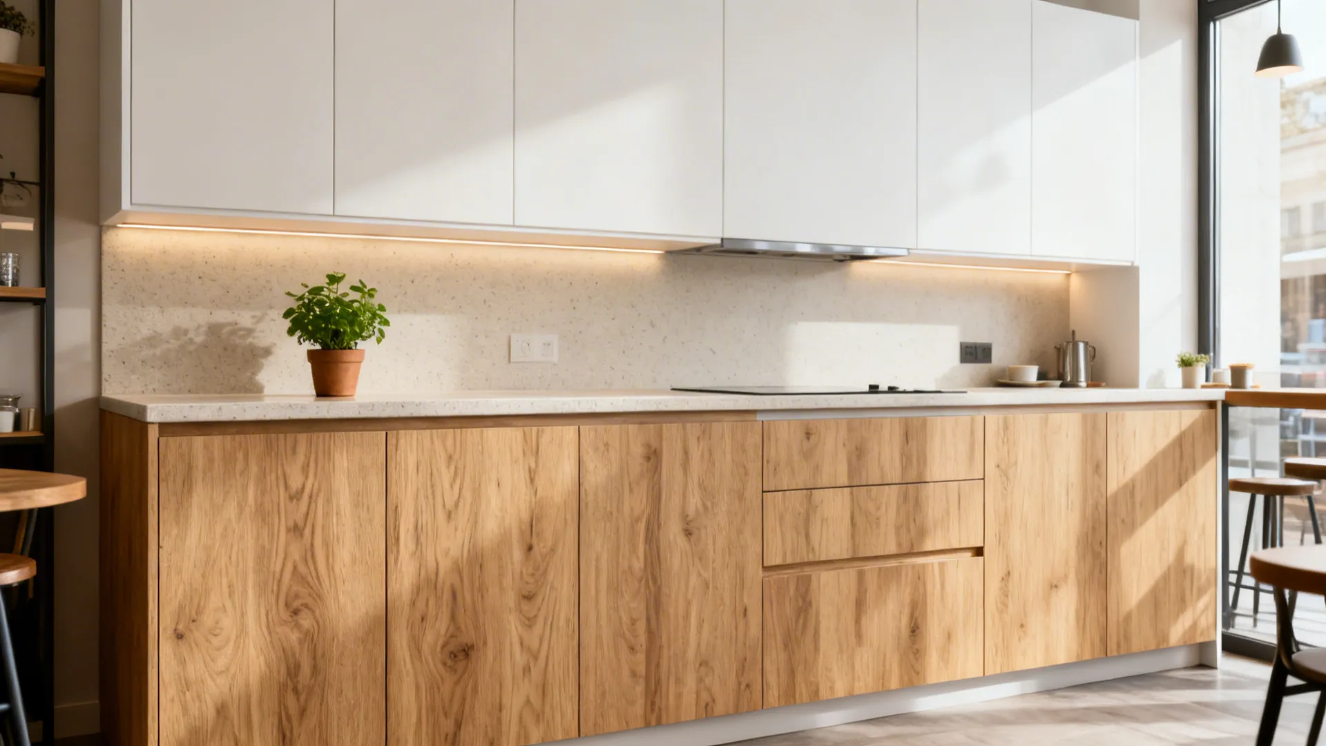 Compact kitchen with oak-tone base cabinets and matte white uppers for a cozy feel.