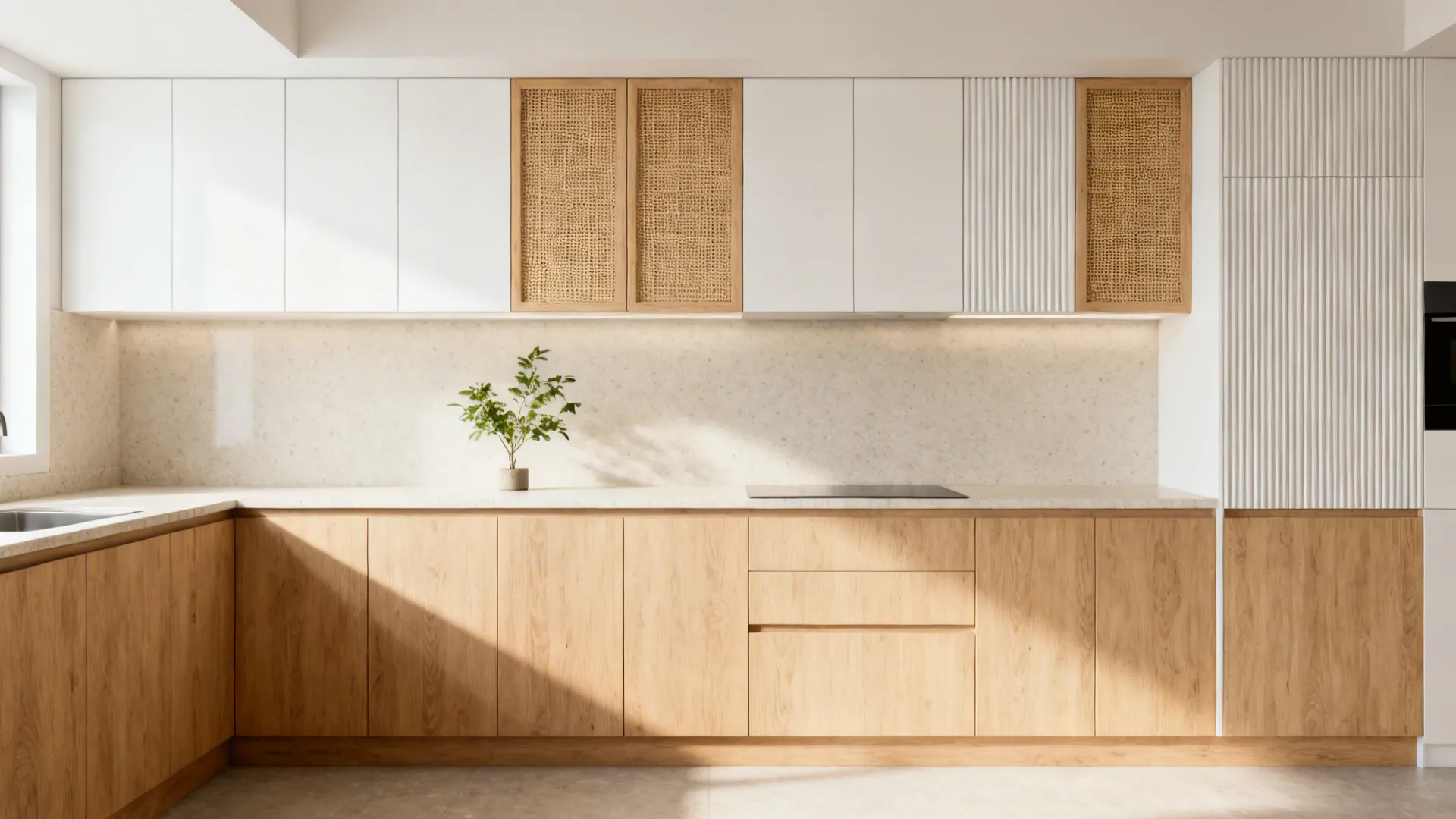 Light oak bases with matte white uppers and ribbed wood accents add warmth to a small kitchen.