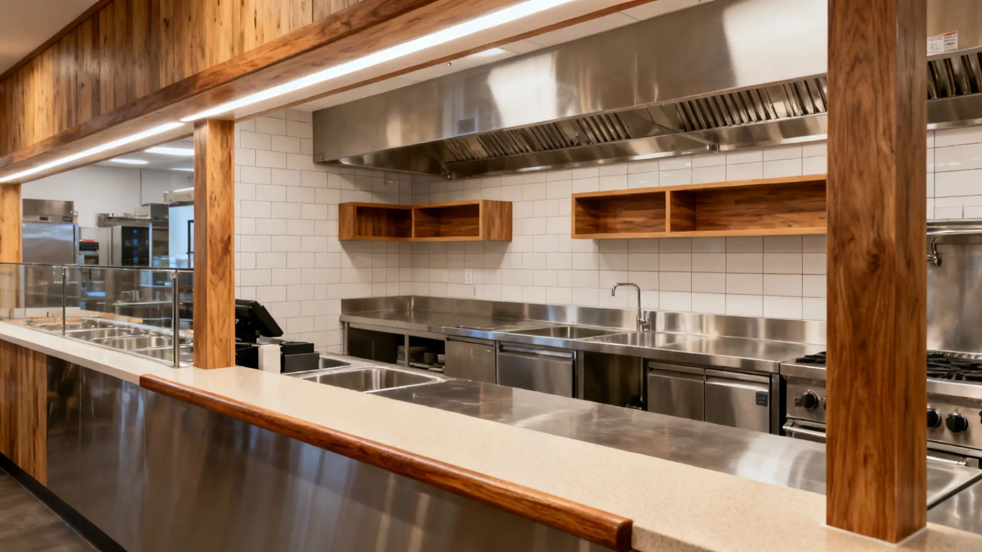 Stainless kitchen with sealed oak rails and a laminated service ledge adding warmth to the pass.