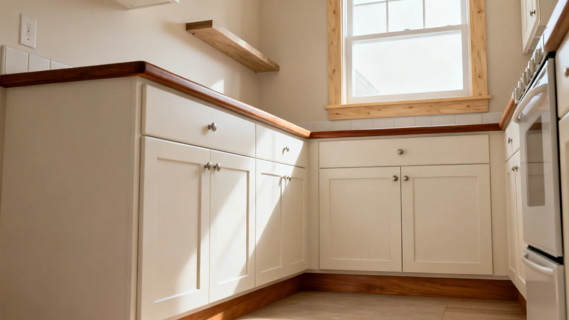 Off-white cabinets with walnut rail, oak toe-kicks, and birch window trim create subtle warmth.