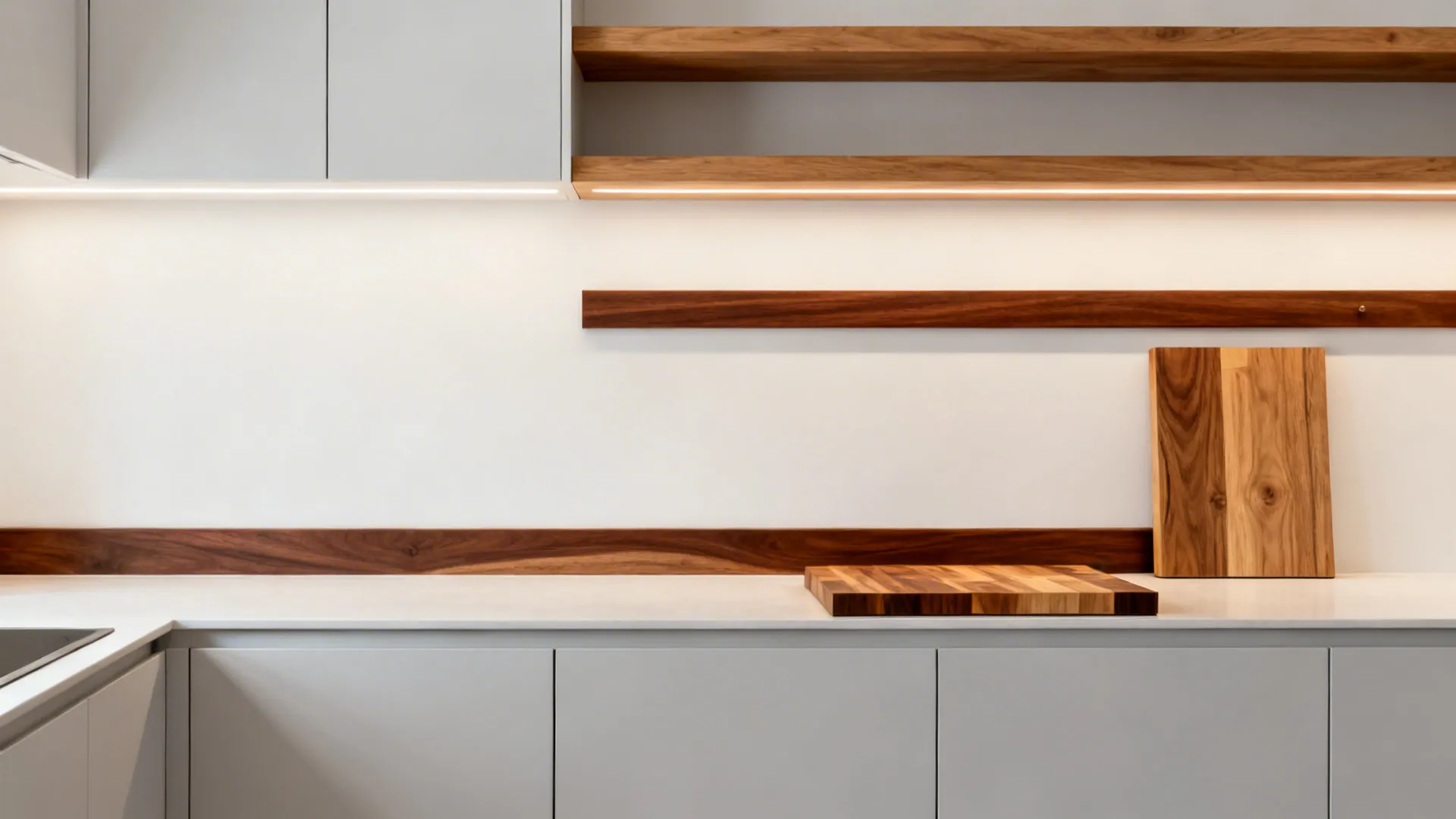 Light-base small kitchen with oak shelves, walnut details, and a butcher-block prep insert under warm light.