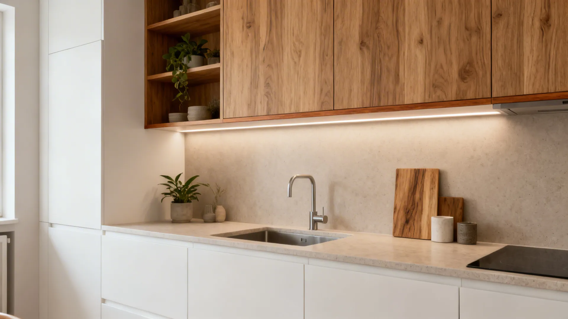 Light kitchen with selective warm oak accents on doors and shelves for cozy contrast.