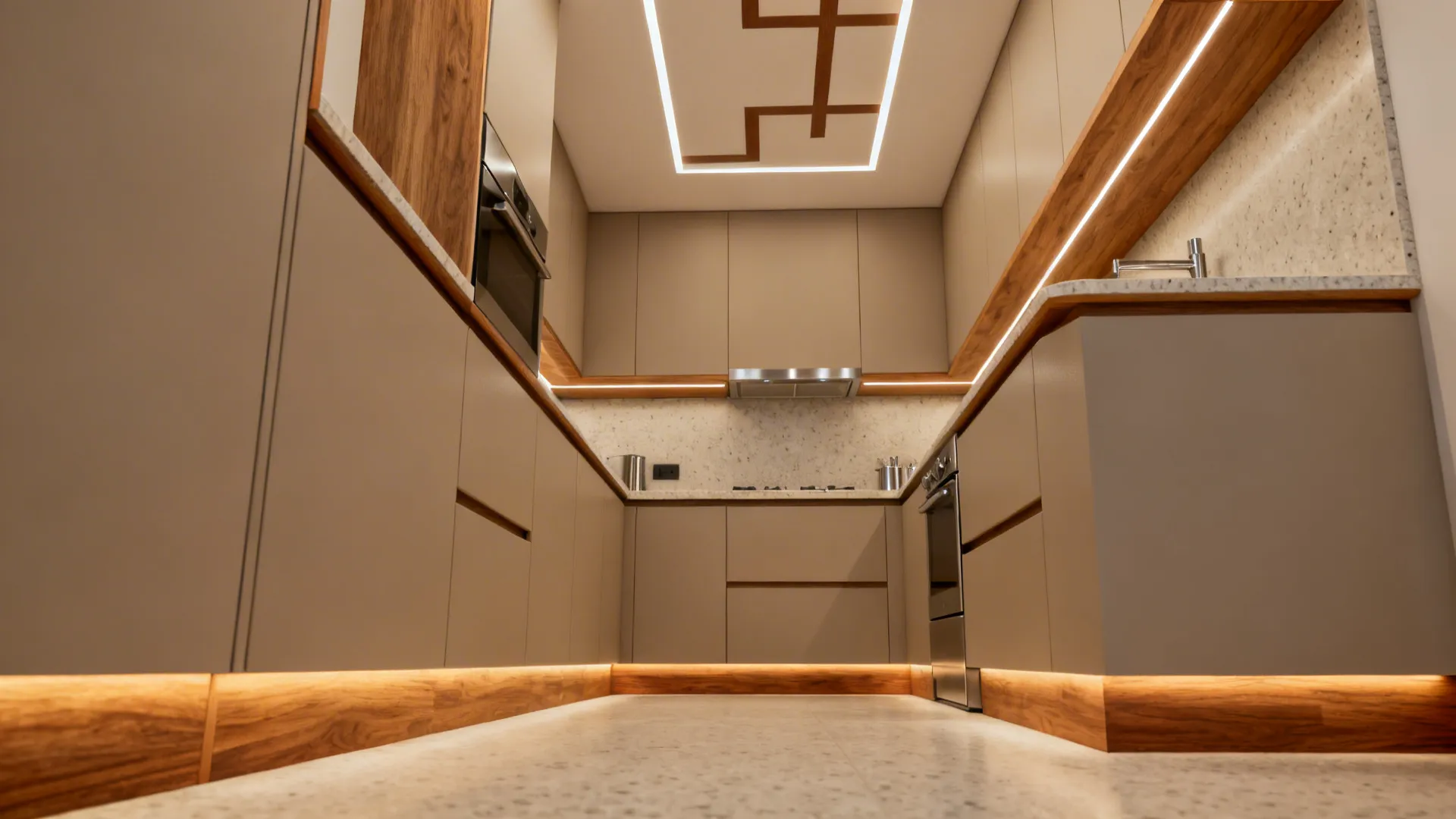Compact kitchen with oak trims and shelf warming a precise pop plus-minus ceiling.
