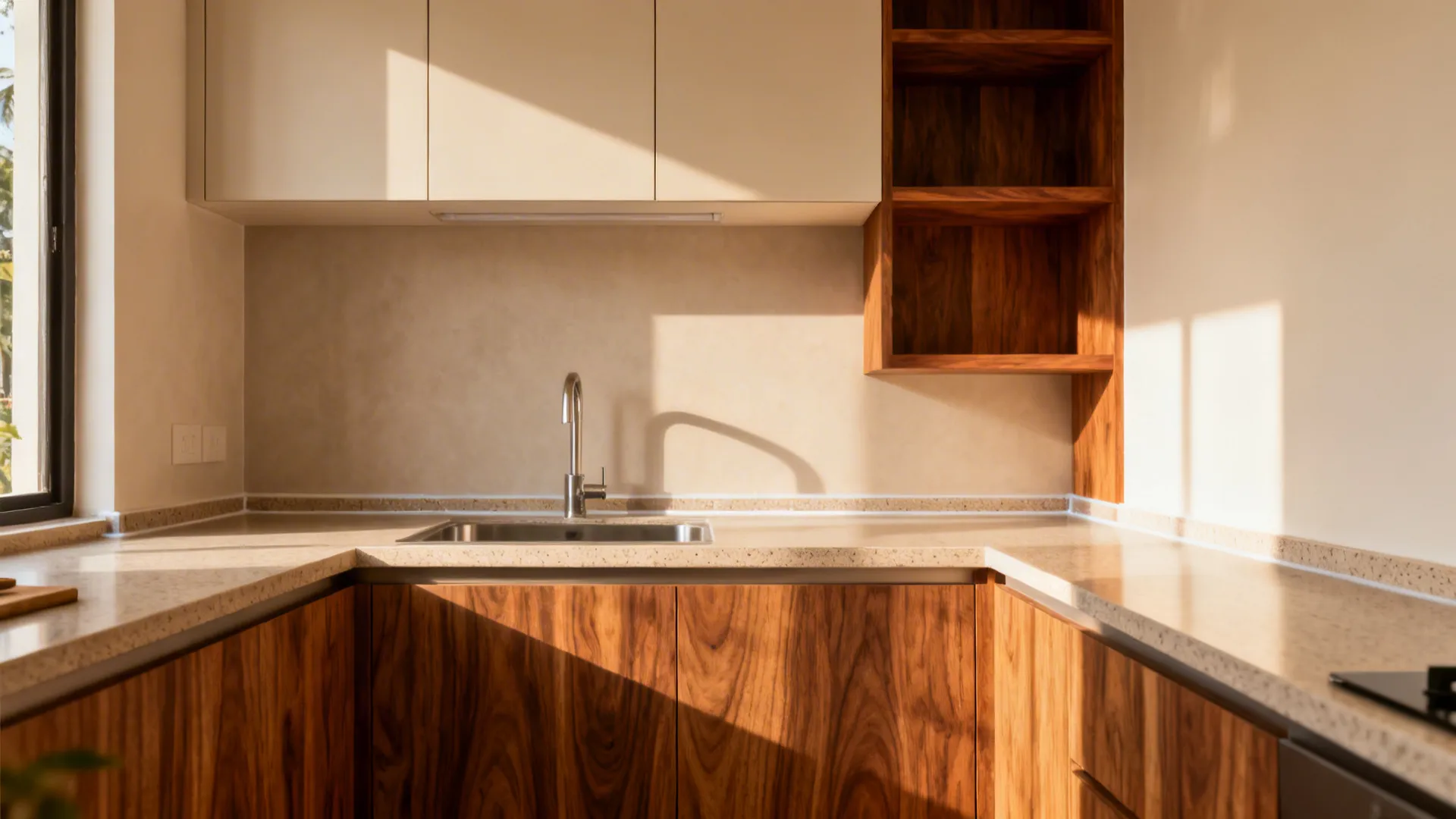 Modern kitchen with wood cabinets light stone countertop metal sink and sunlight through the window