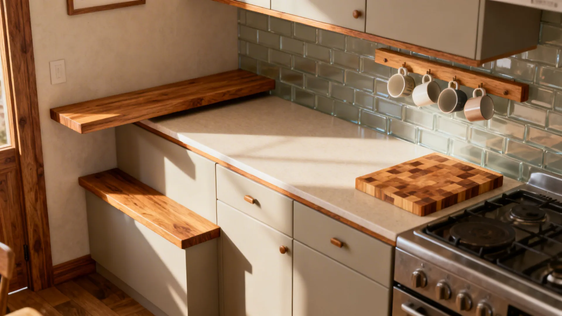 Compact kitchen with a small oak ledge, butcher-block insert, and light matte cabinets.
