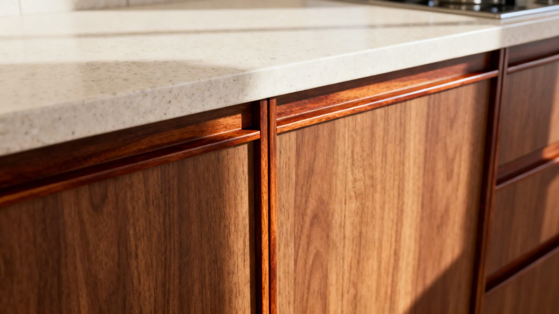 Close-up of walnut-tone HPL fronts with iroko rail and light quartz countertop.