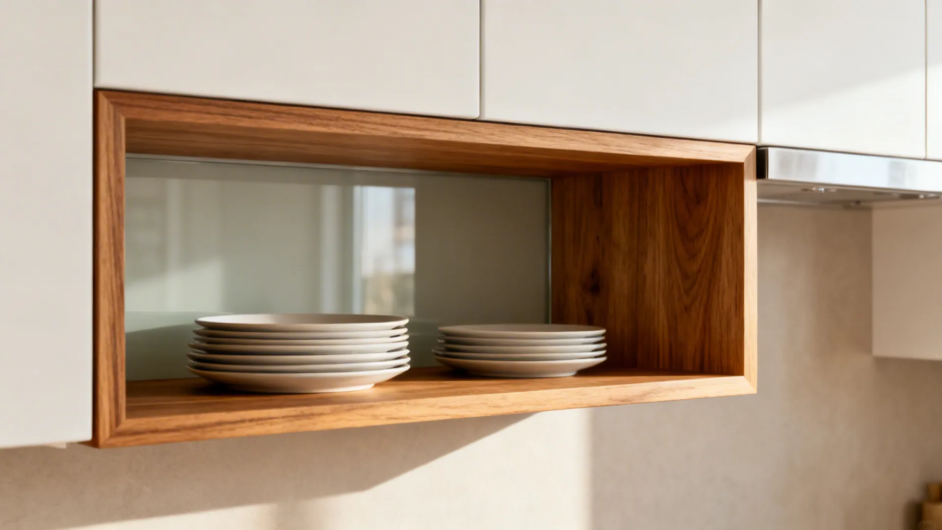 White modular kitchen elevated by an oak shelf and matching end panel accents.