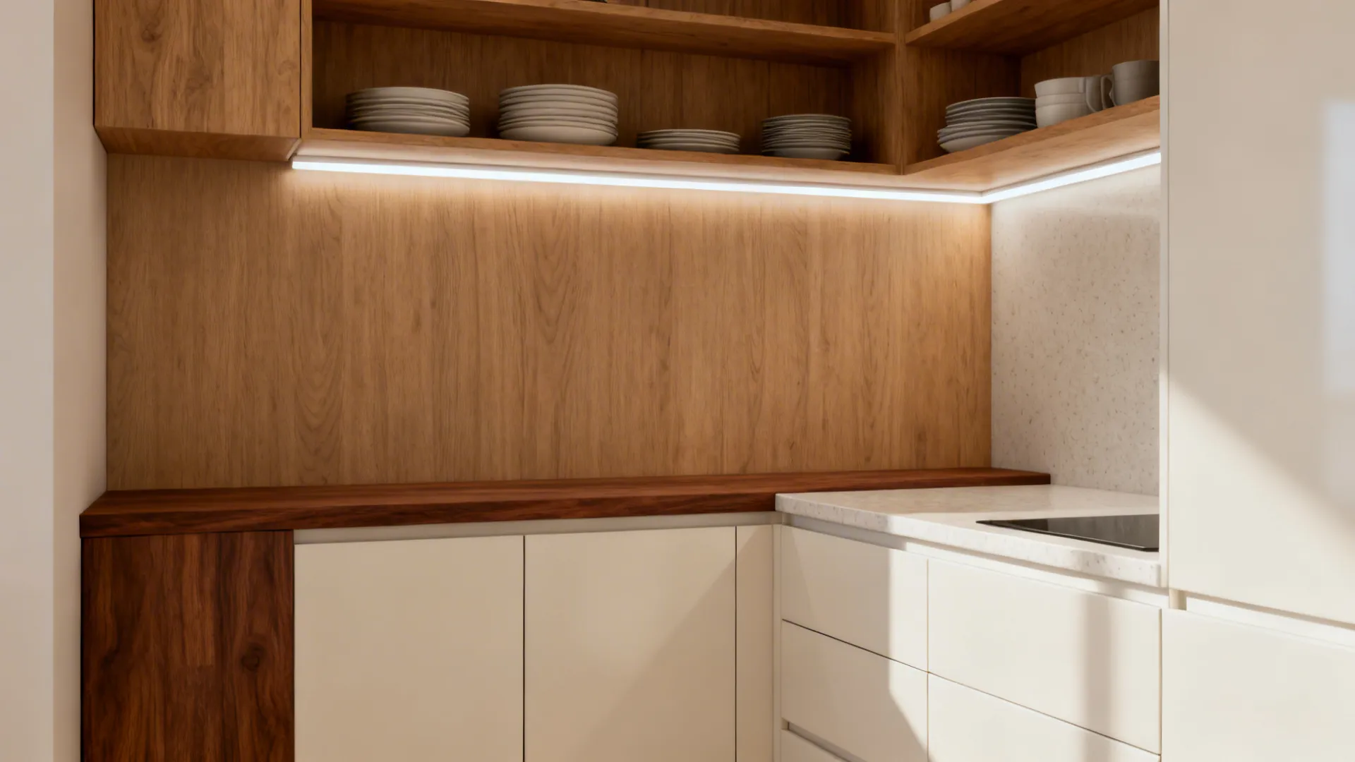 Modern kitchen corner with wood wall panels open shelving white cabinets and warm under cabinet lighting
