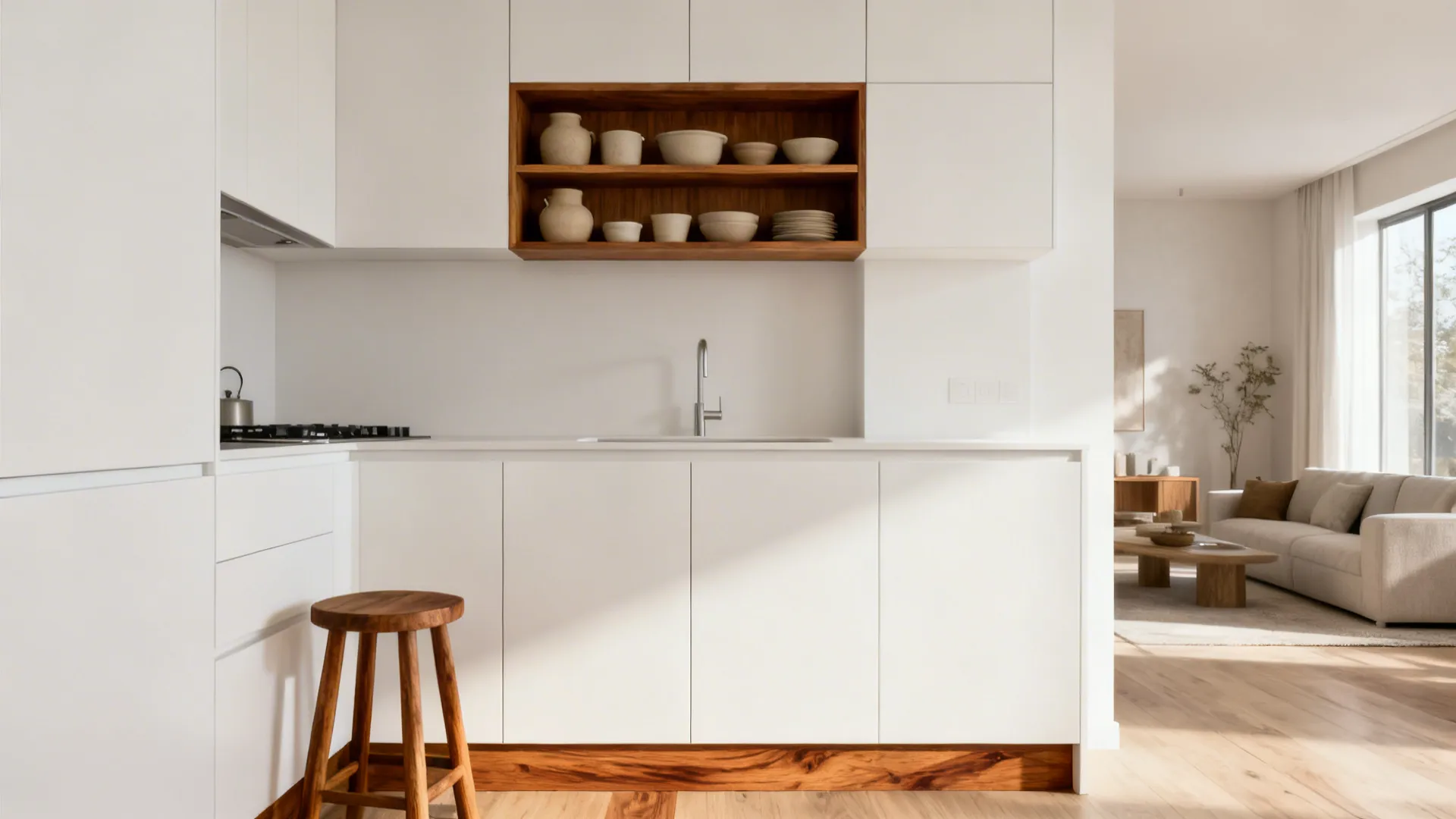 Small white kitchen warmed by an oak open shelf, oak toe-kick, and a timber stool.