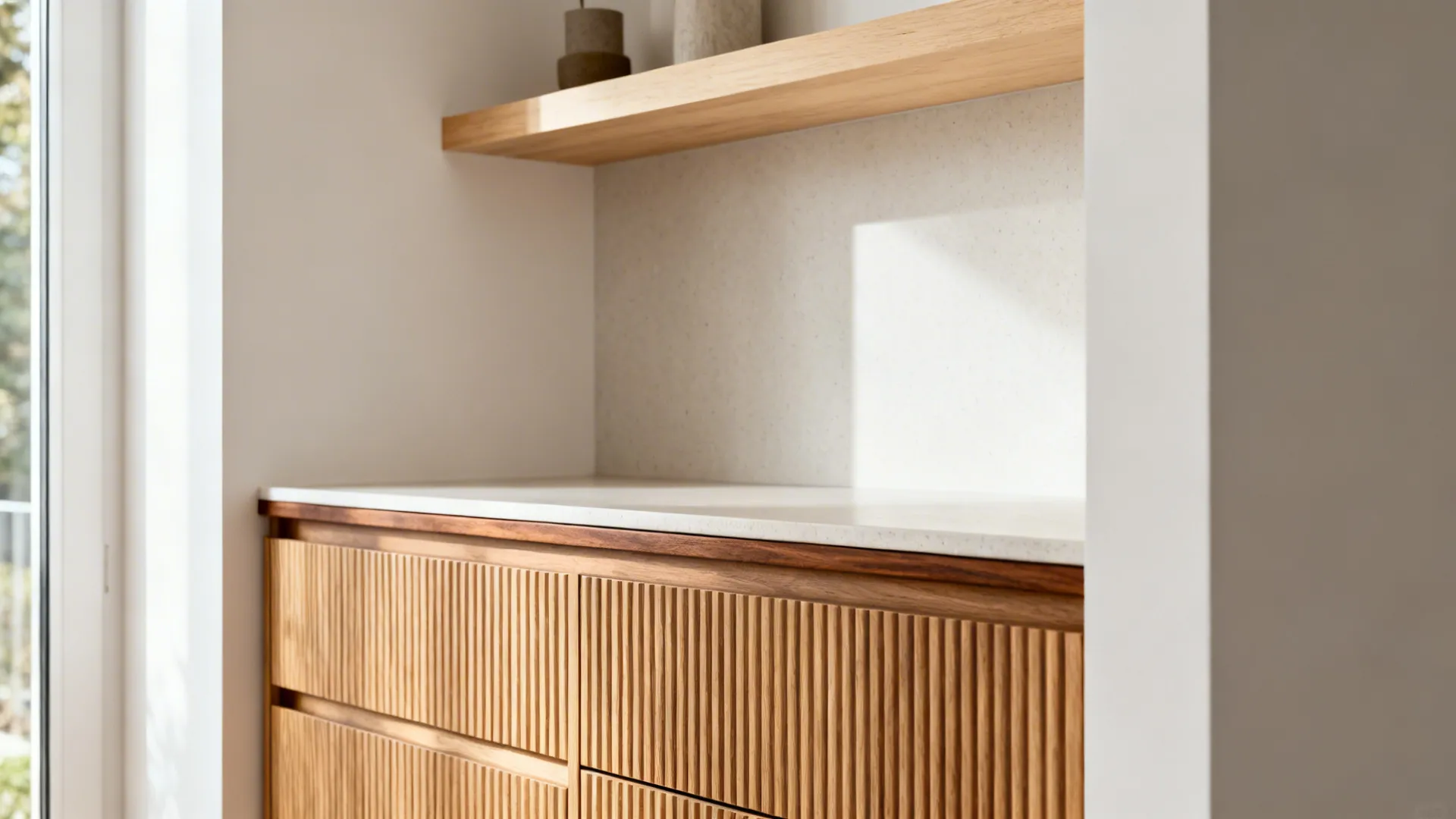 Natural wood cabinet with vertical lines white stone countertop and a matching wooden wall shelf
