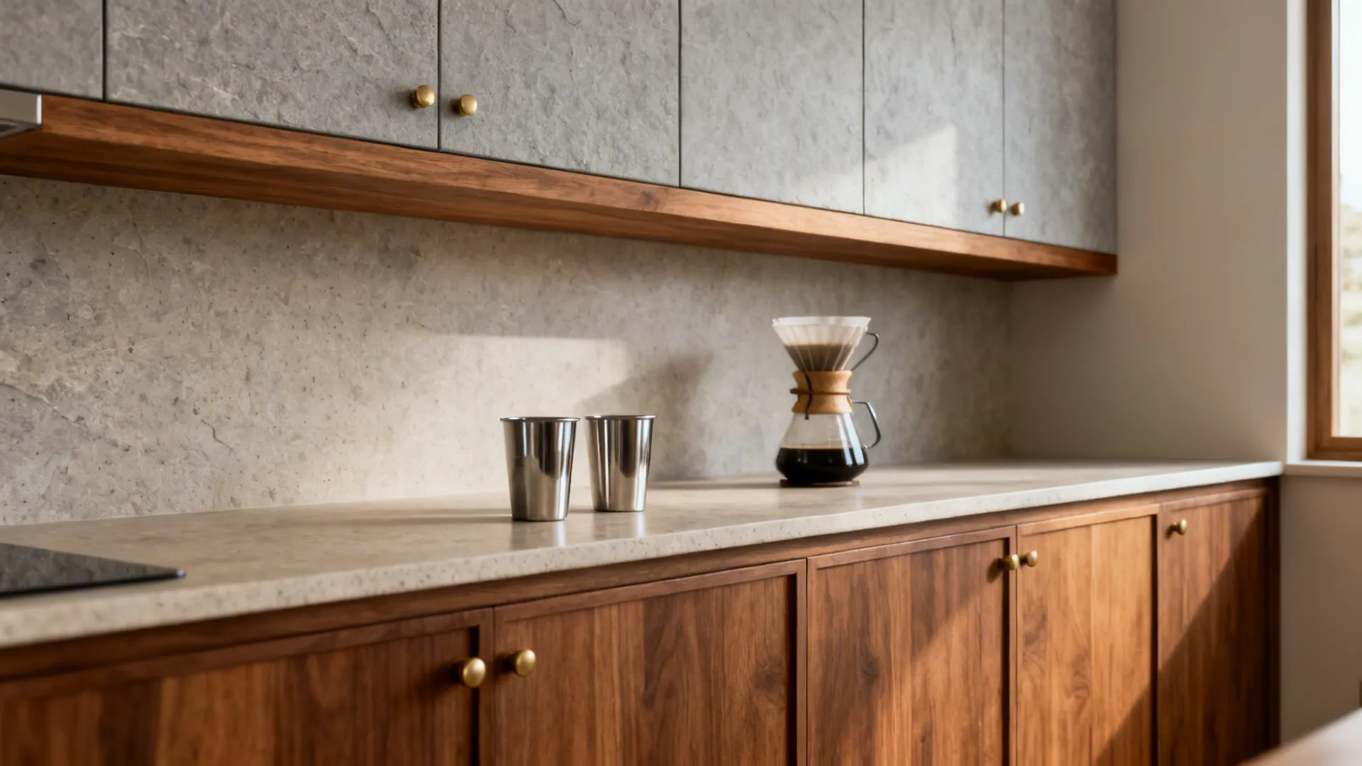 Modern kitchen with teak-toned lower cabinets, stone-textured uppers, and a wooden breakfast ledge.