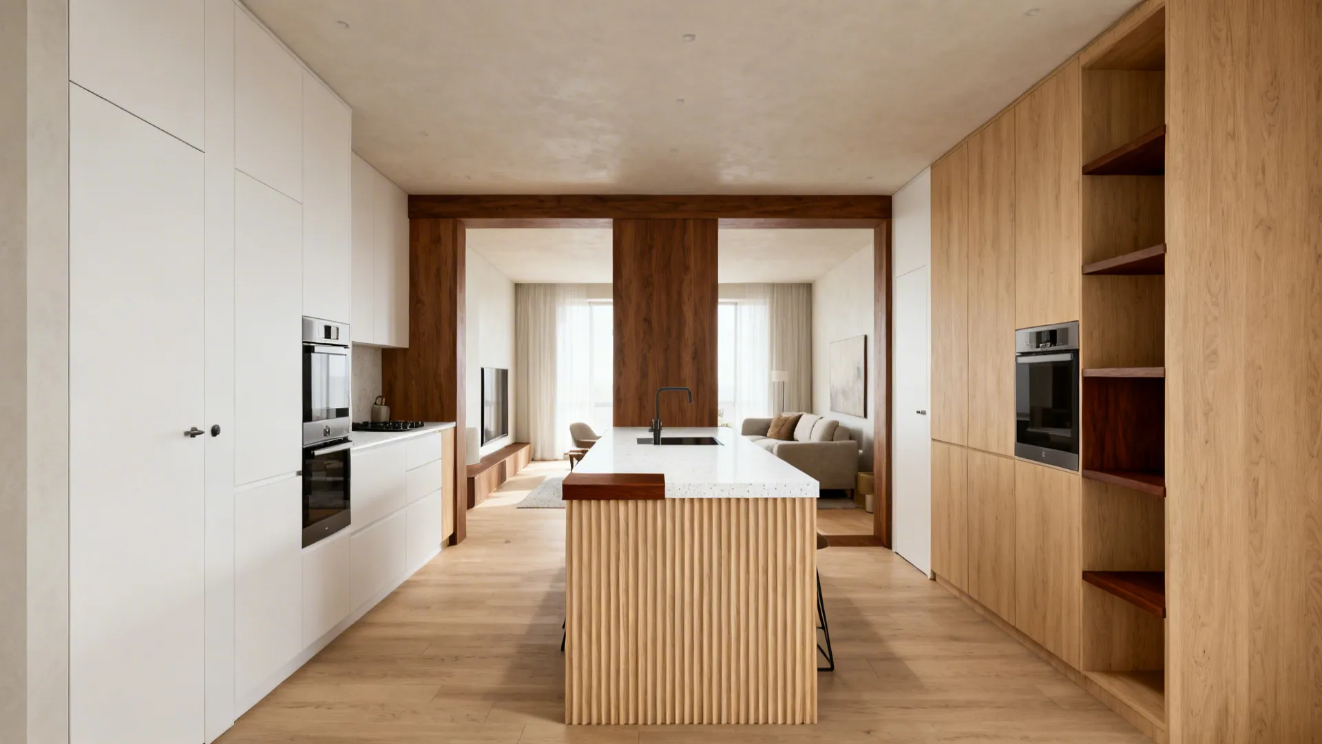Open L-shaped kitchen with fluted oak peninsula and walnut-trimmed shelves softening matte white cabinetry.