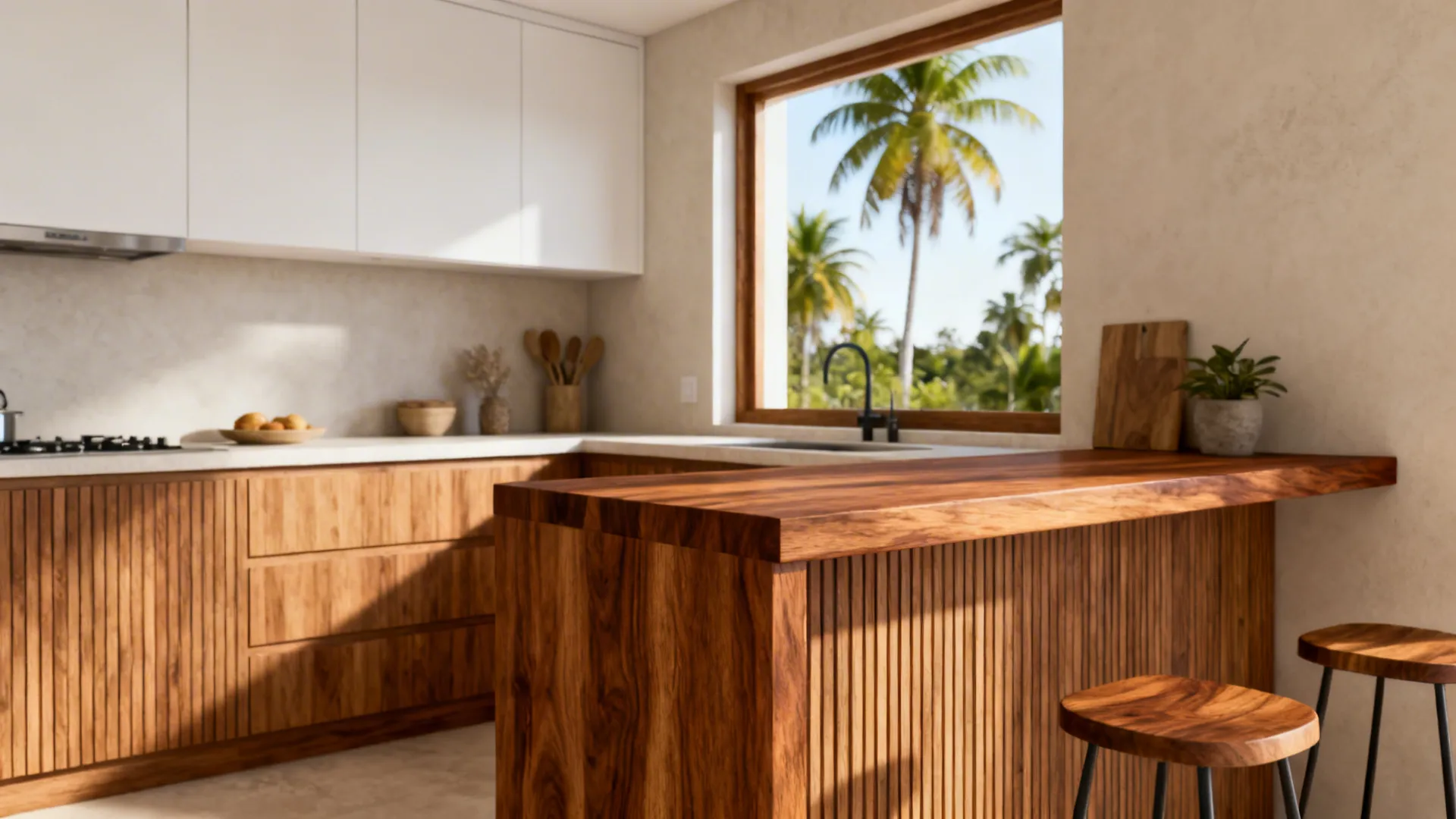 Small kitchen with oak-look base cabinets, white uppers, and a narra wood bar ledge.
