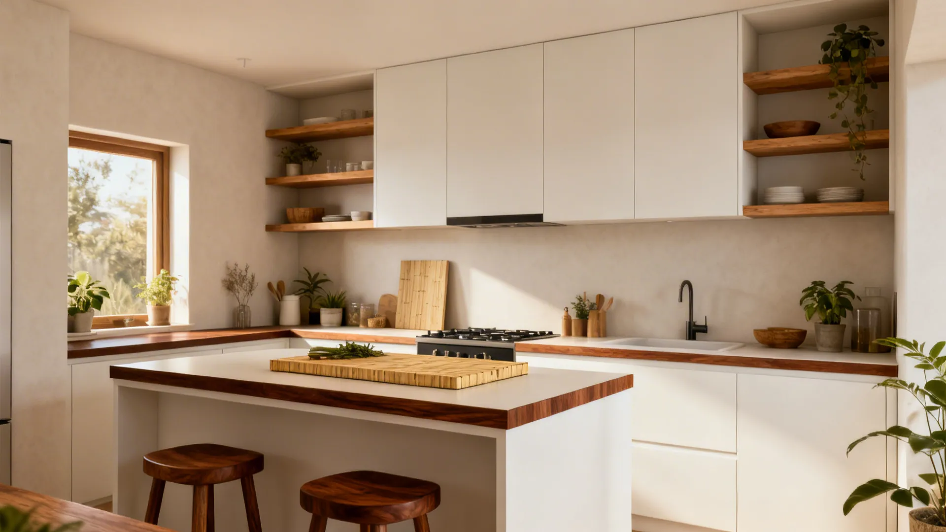 Small kitchen with oak shelves, walnut edge details, and a bamboo prep board adding warmth.