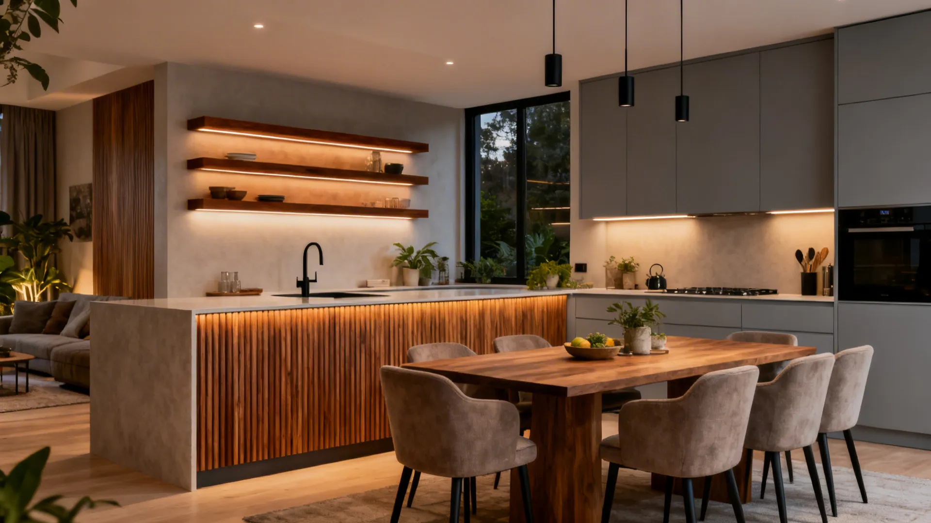 Open plan kitchen diner with oak tambour island and walnut shelves creating a cozy zone.