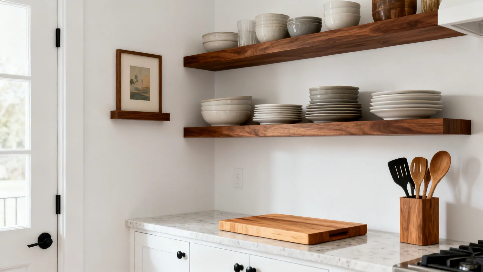 Compact white kitchen with walnut-look shelves, beech chopping block, and coordinated wooden accessories.