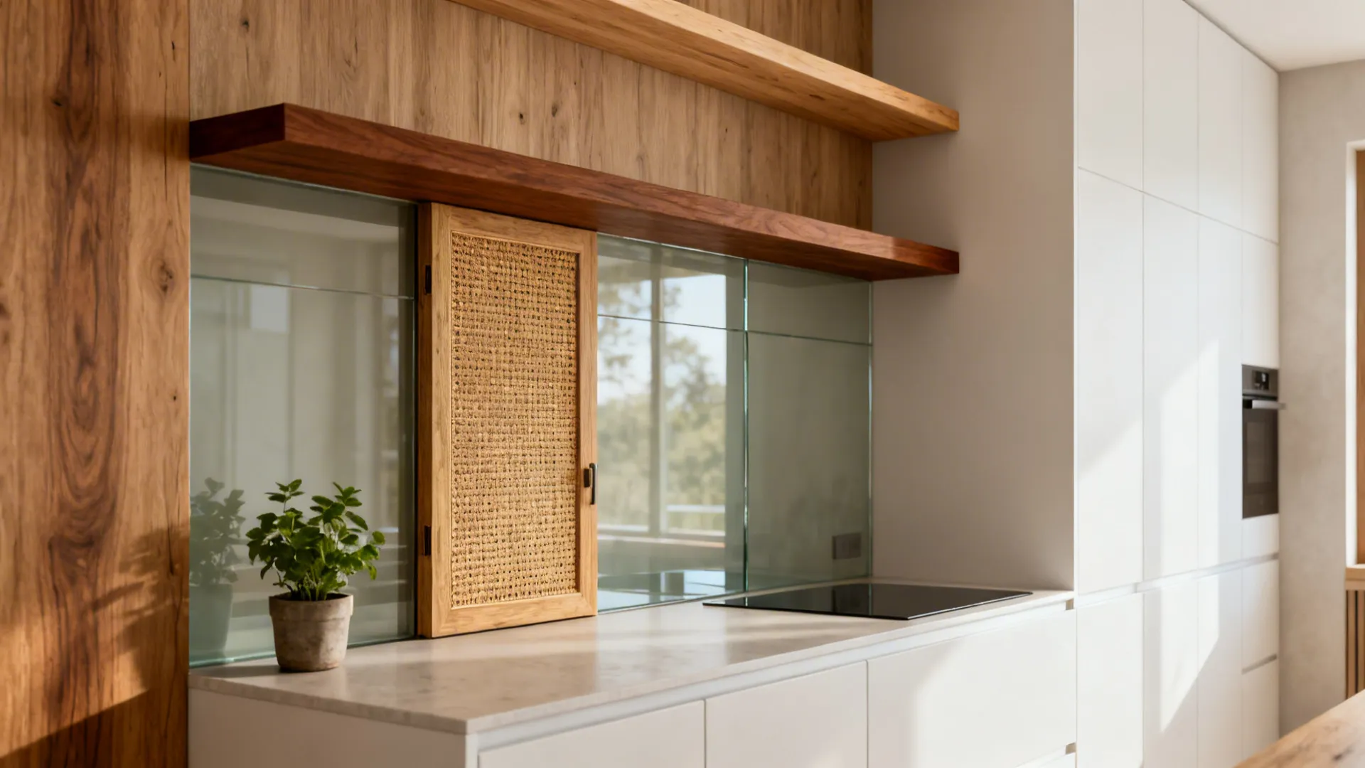 Compact kitchen with matte white cabinets and light oak accents adding warmth.
