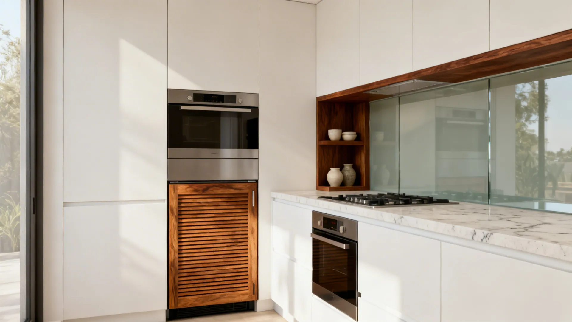 Compact white kitchen with oak tambour appliance garage and walnut-trimmed open niche adding warmth.