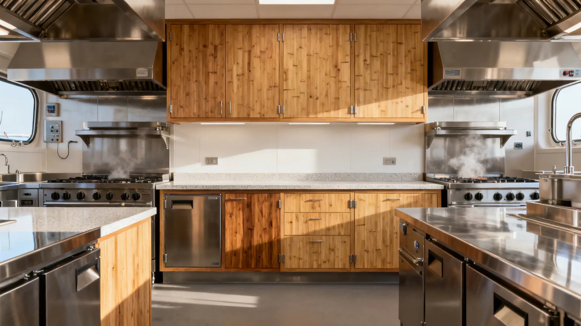 Commercial kitchen with sealed wood storage fronts and stainless worktops for sanitation.