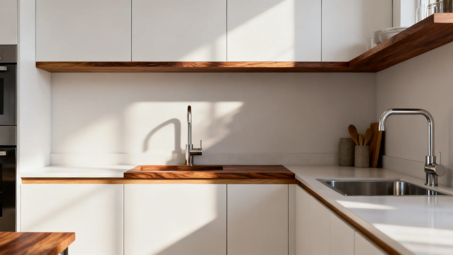Modern kitchen with matte white cabinets and walnut shelf accents under soft morning light.