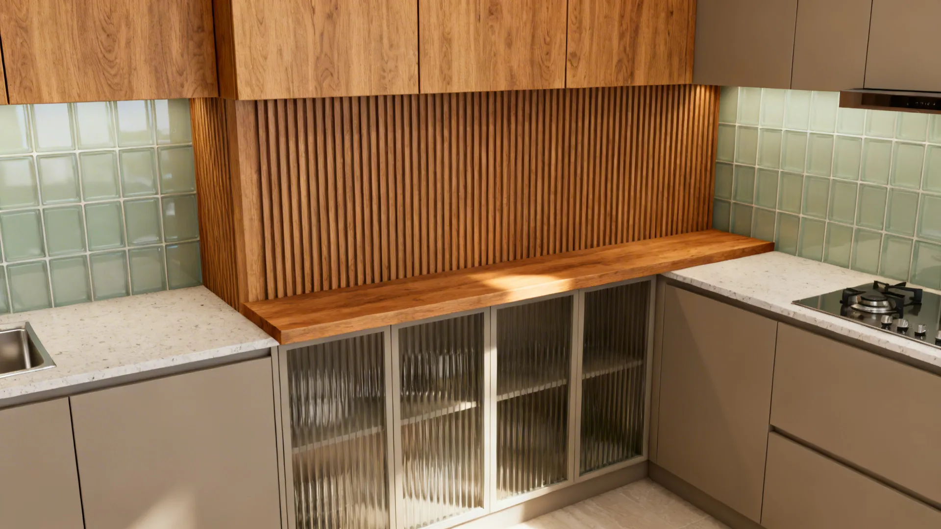 Oak and fluted glass accents warming a modern compact kitchen