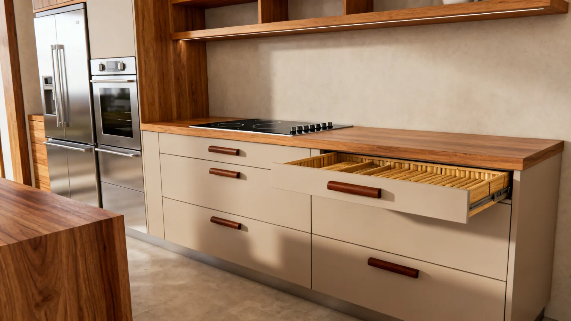 Modern compact kitchen with oak and walnut accents softening stainless and glass.