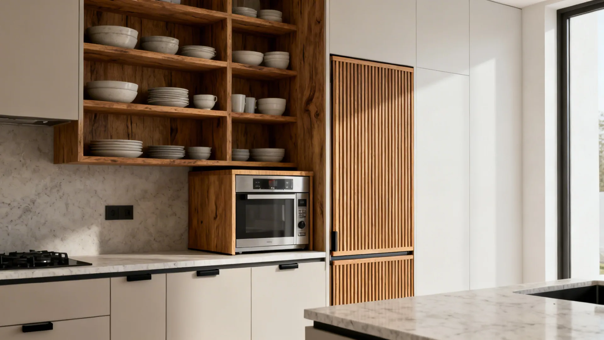 Modern kitchen with rift-cut oak shelves and a wood tambour appliance garage complementing matte cabinets.