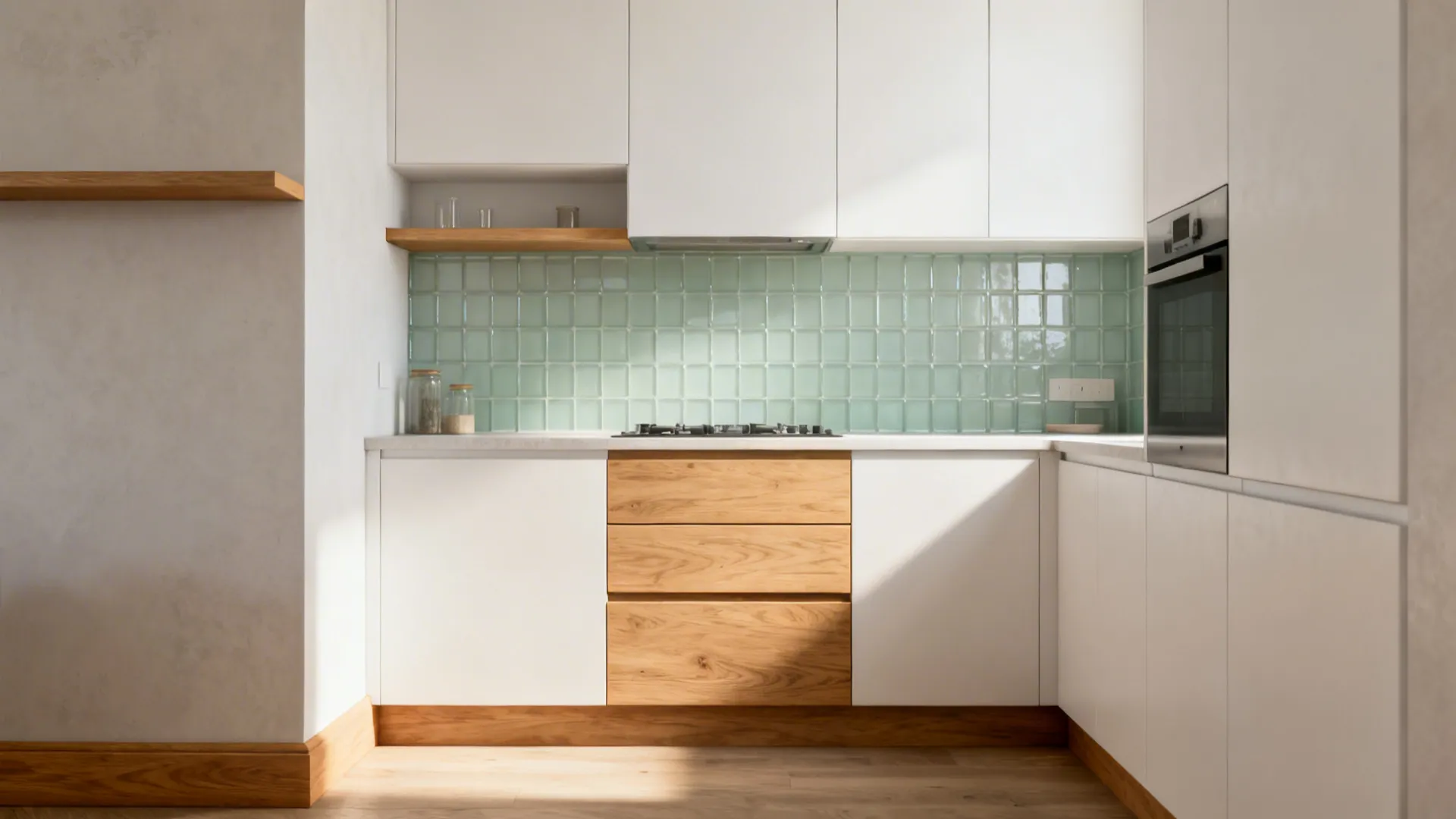 Compact kitchen with selective light oak accents and matte white cabinetry.
