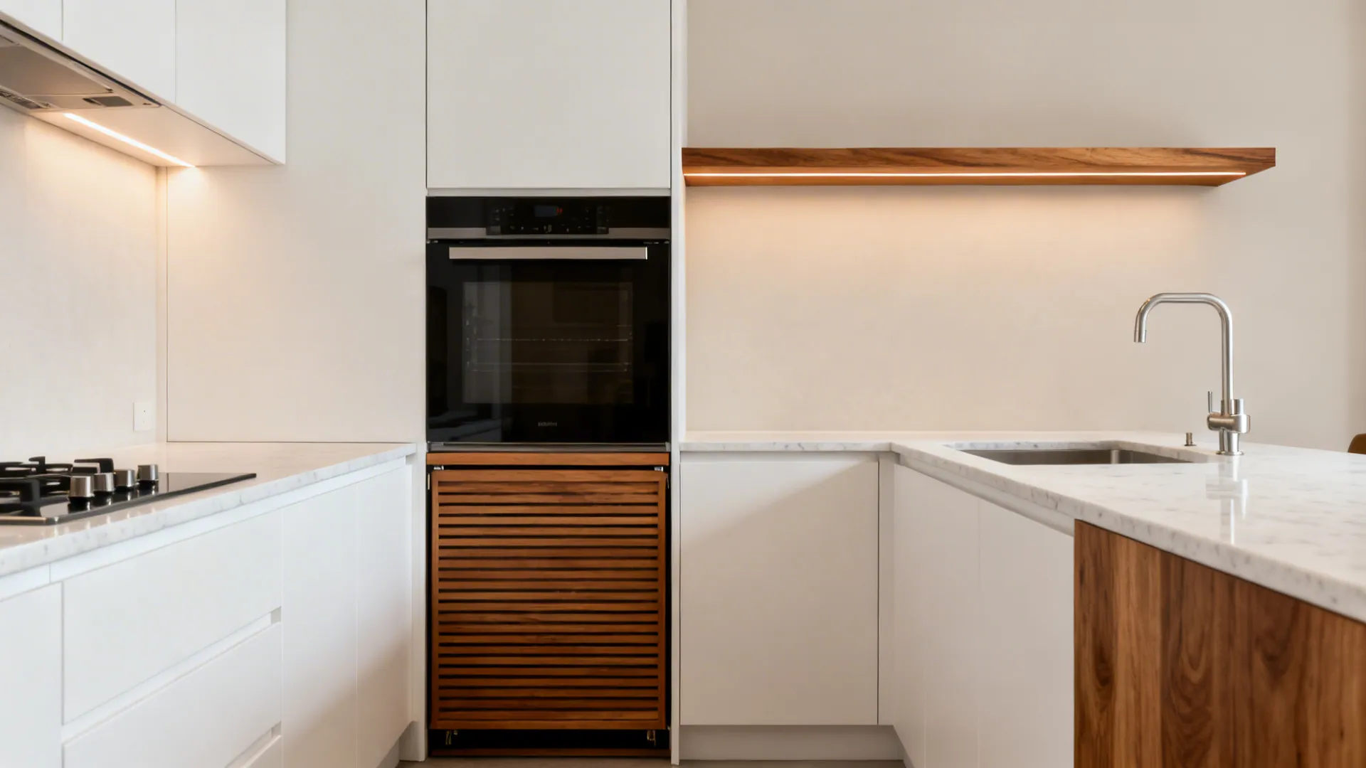 Small modern kitchen with matte white cabinets and subtle rift-sawn oak accents.