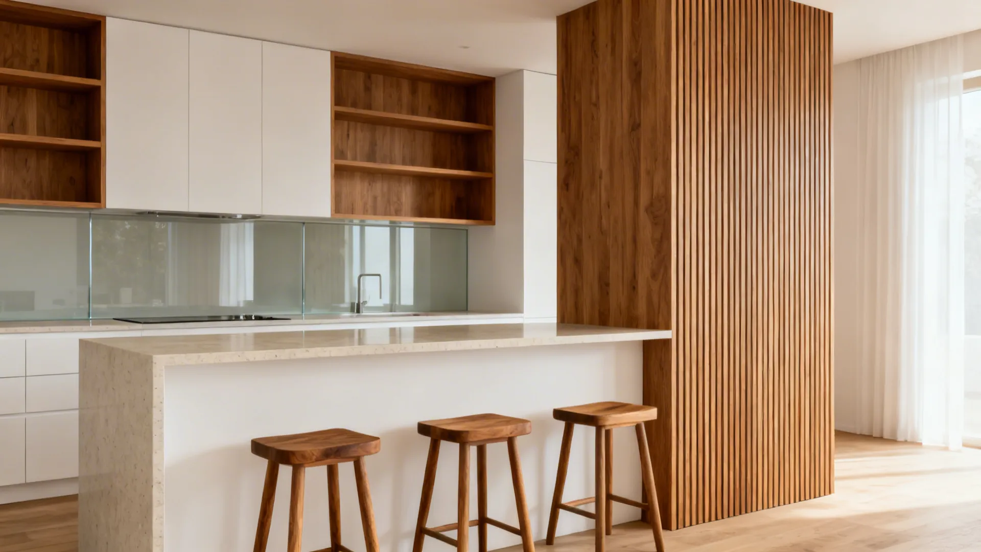 Small white kitchen with mid-oak shelves and timber stools adding warmth.