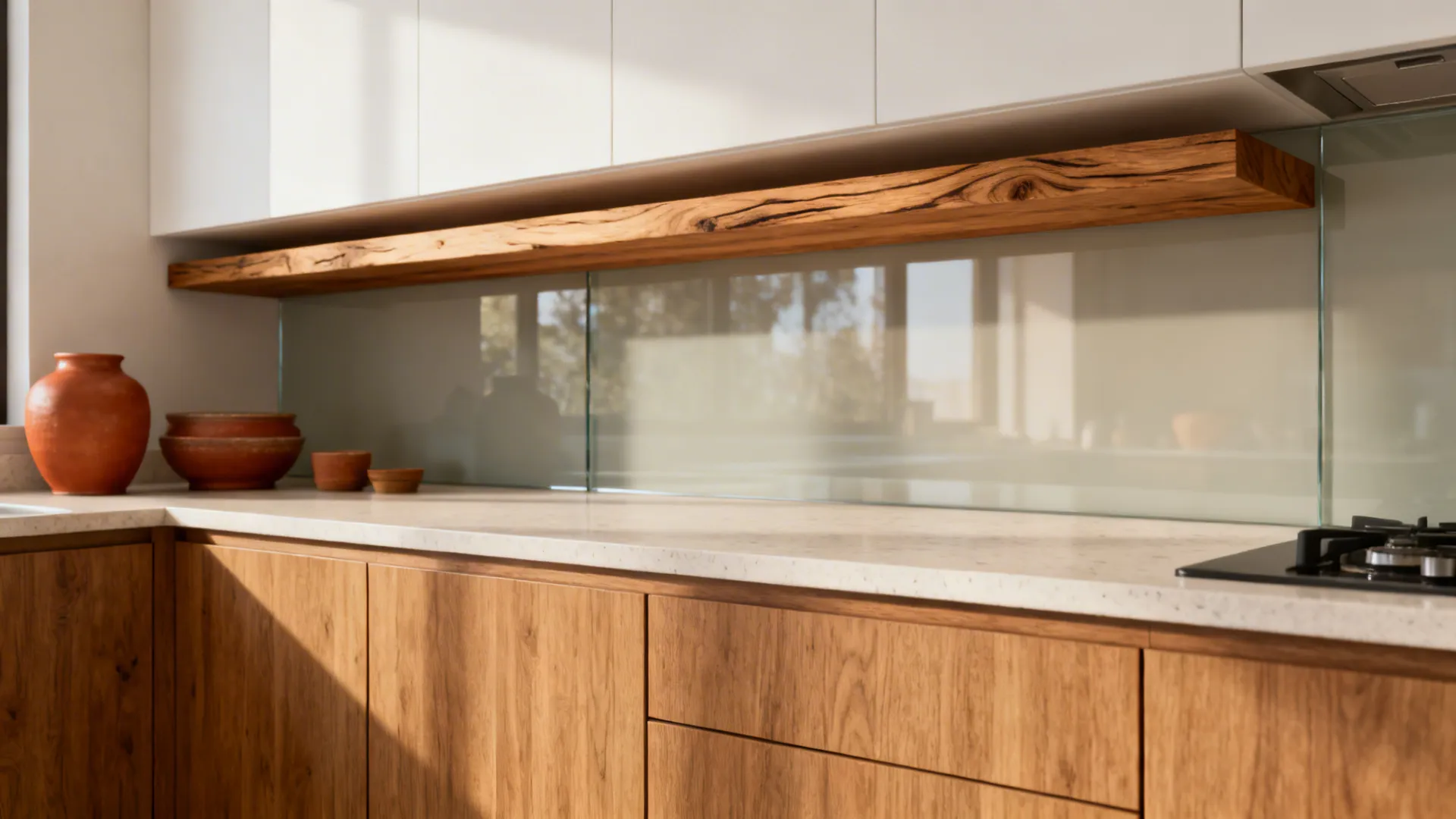 Modern kitchen with oak-look laminate doors and a solid wood floating shelf above pale quartz counters.