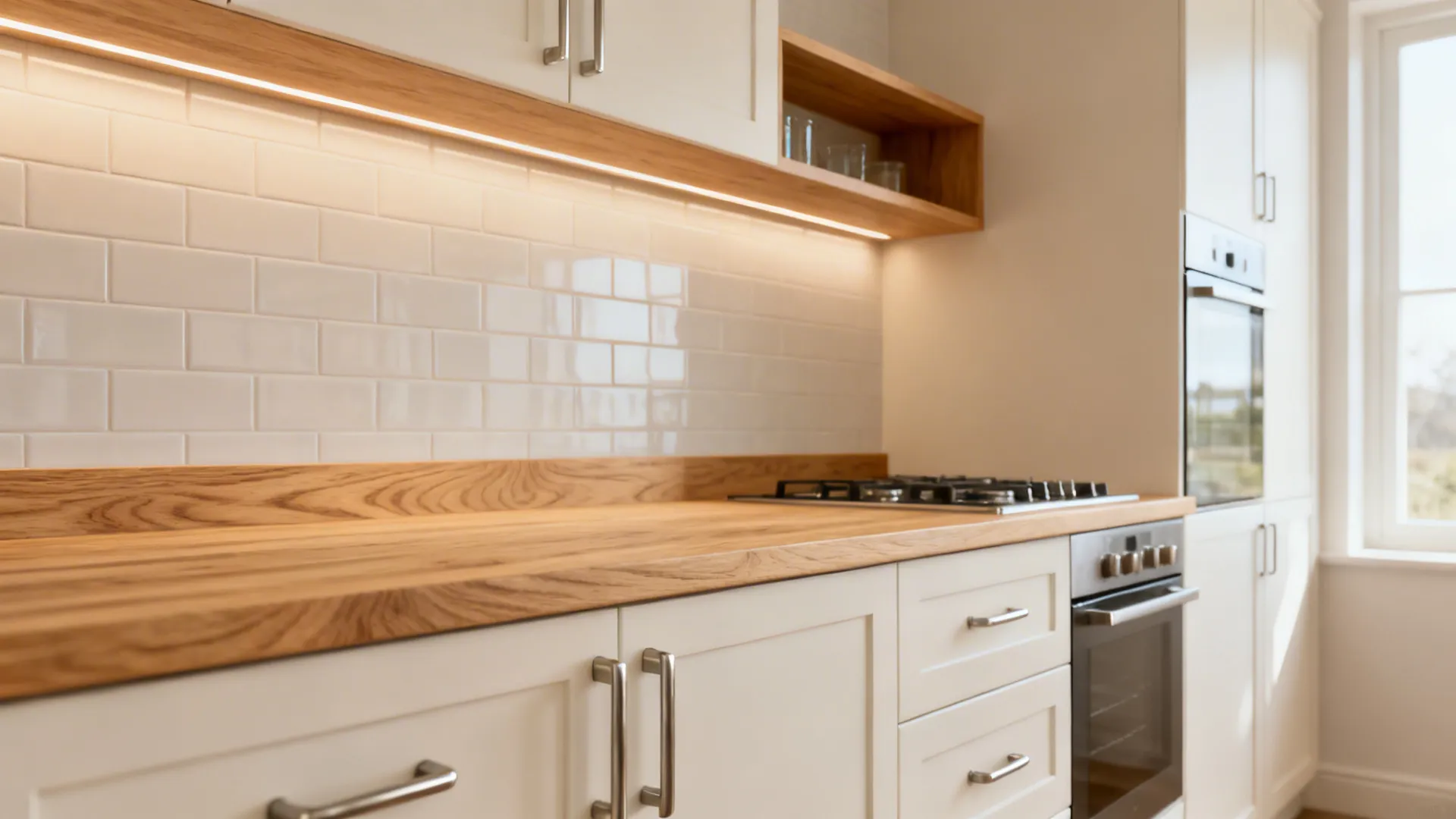Bright small kitchen with off-white cabinets and pale oak shelf illuminated by warm LEDs.
