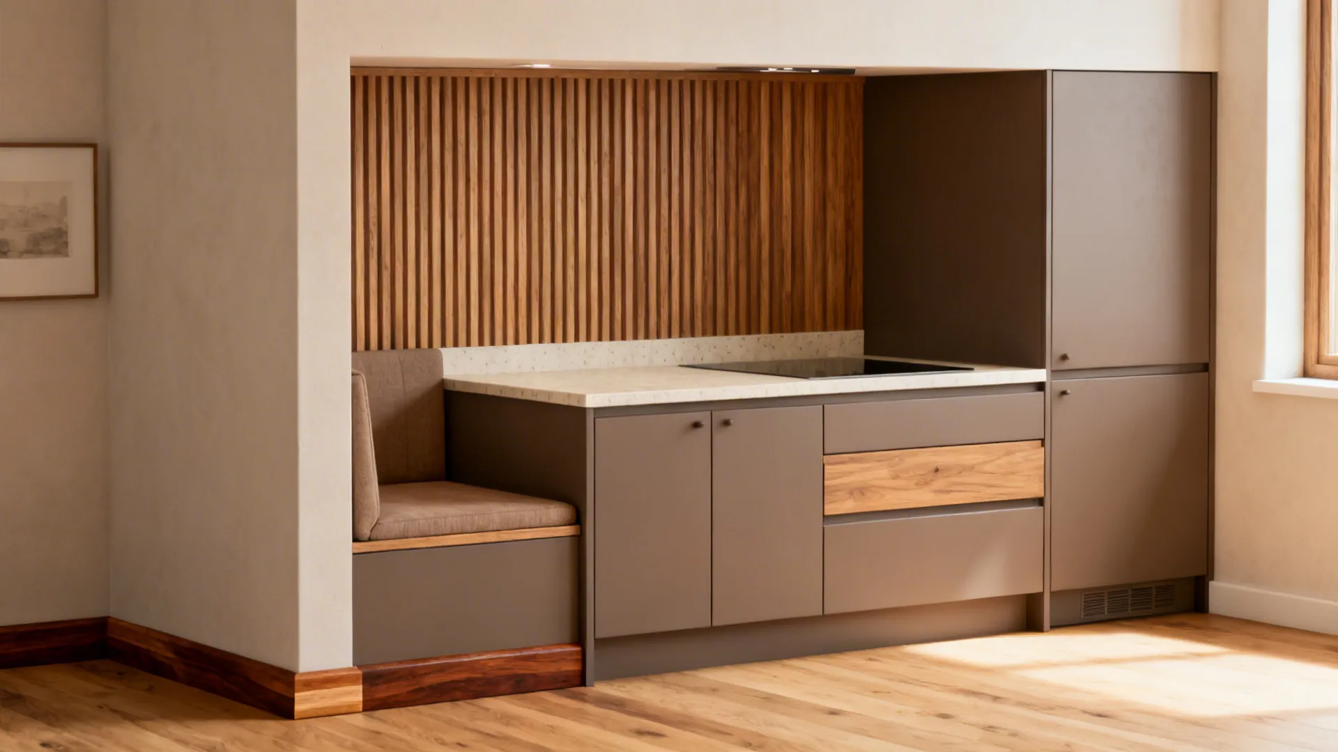 Warm wood accents and textured laminates