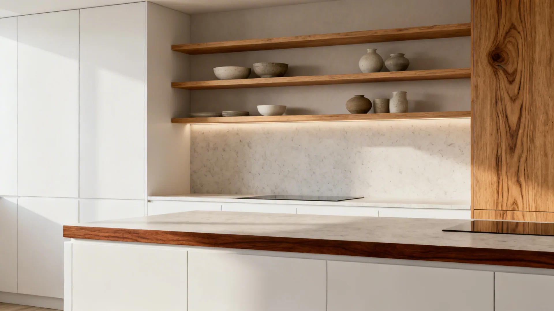 Kitchen vignette with white oak shelves, walnut trim, and matte white cabinets over quartz counters.