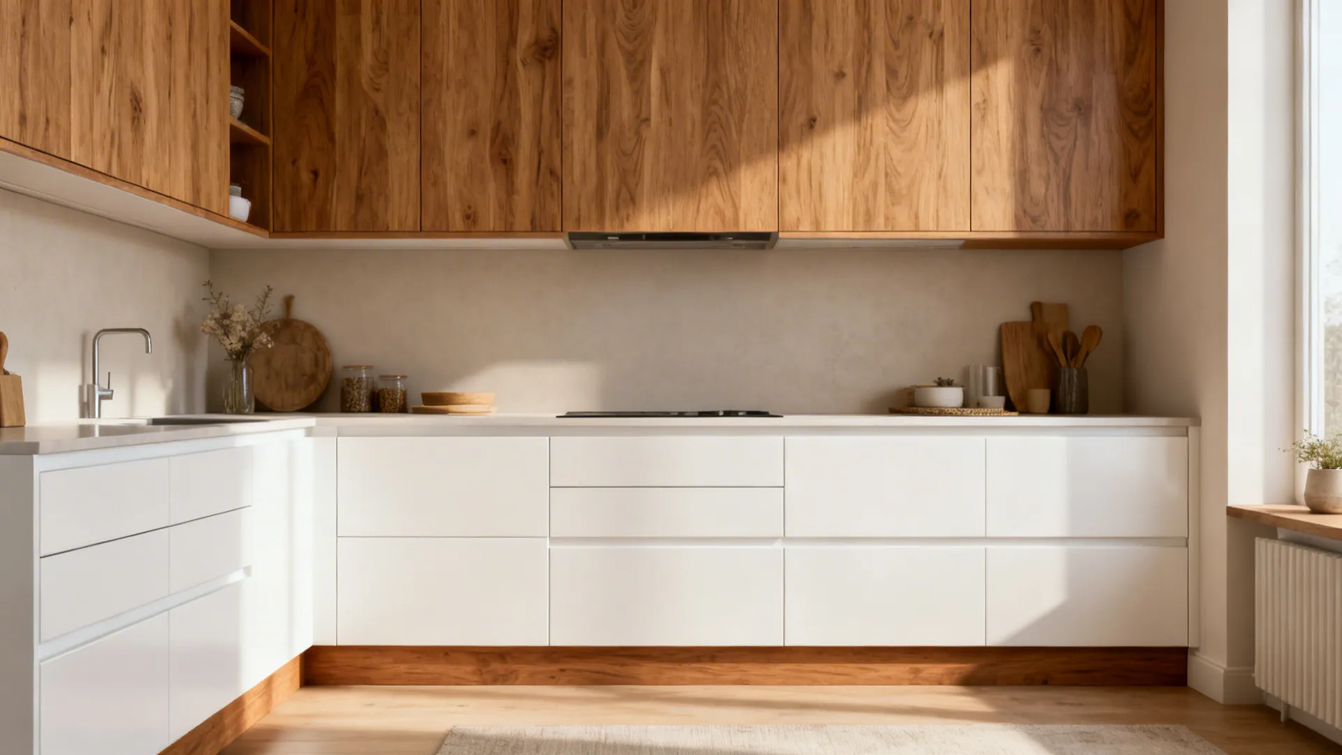 Small kitchen with oak upper cabinets and white matte drawer bases creating a warm, bright look.