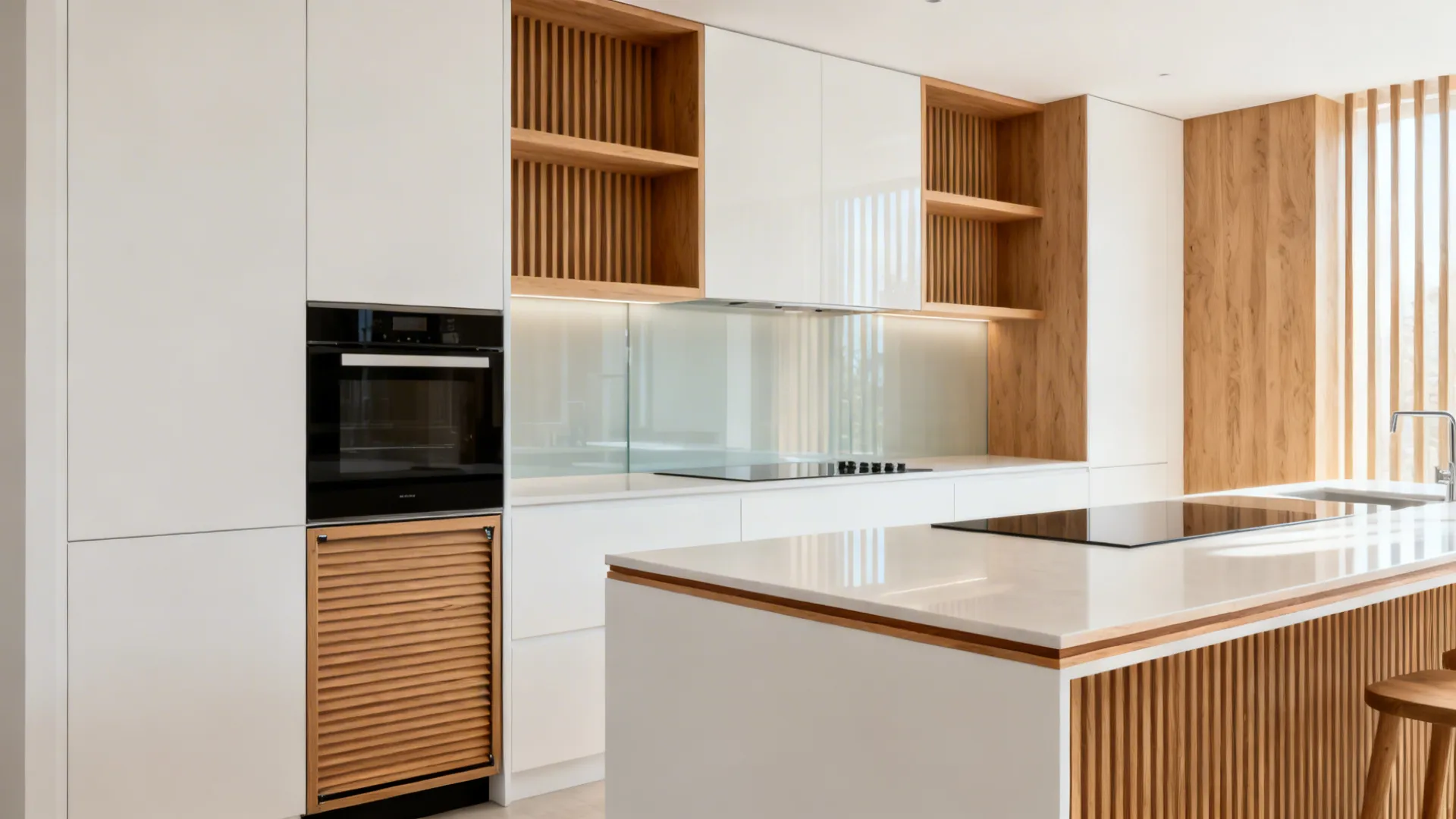 One-wall kitchen with matte white fronts and white-oak shelves and edge details.
